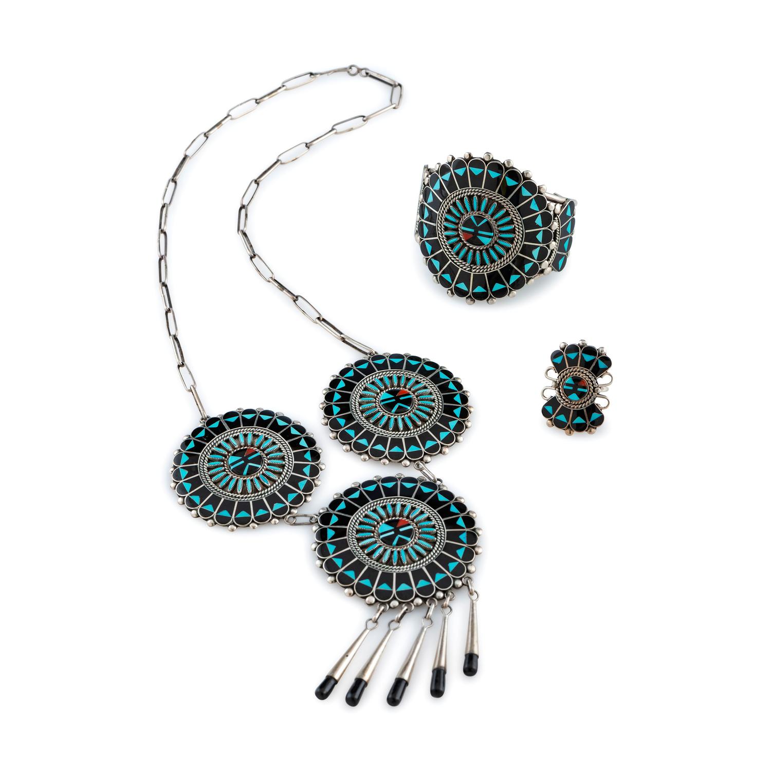 Mosaic Inlay Sunface Necklace, Cuff Bracelet, and Ring Set