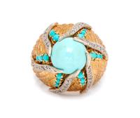 A 14 Karat Bicolor Gold, Turquoise and Diamond Bombe Ring,