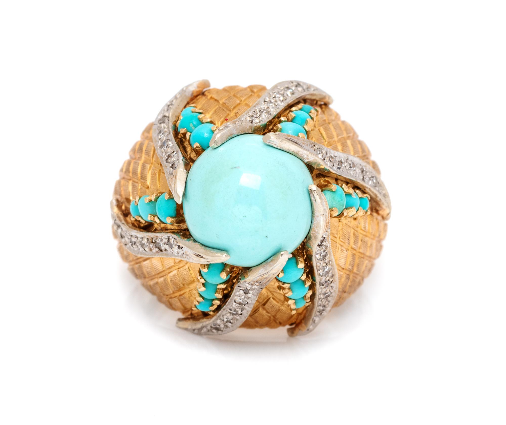 A 14 Karat Bicolor Gold, Turquoise and Diamond Bombe Ring,