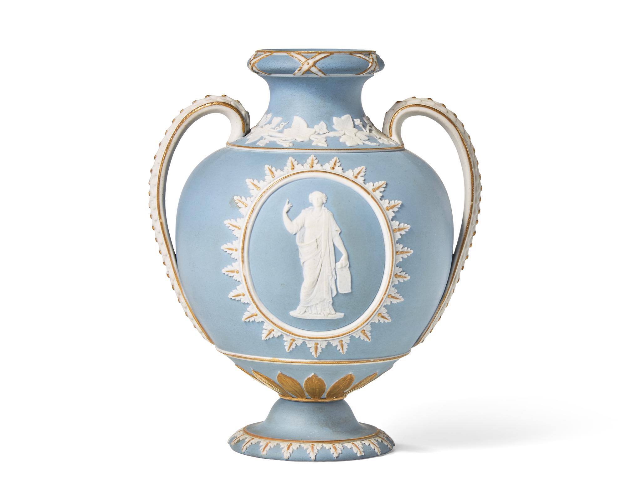 A Wedgwood Parcel Gilt Jasperware Twin-Handle Dip Vase