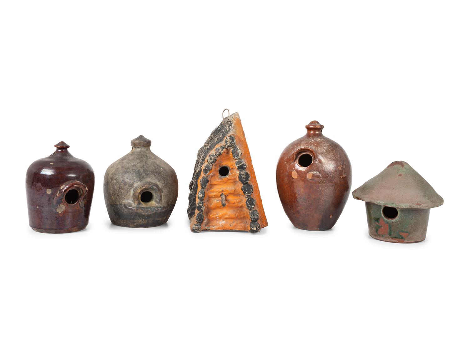 Five Redware and Stoneware Birdhouses