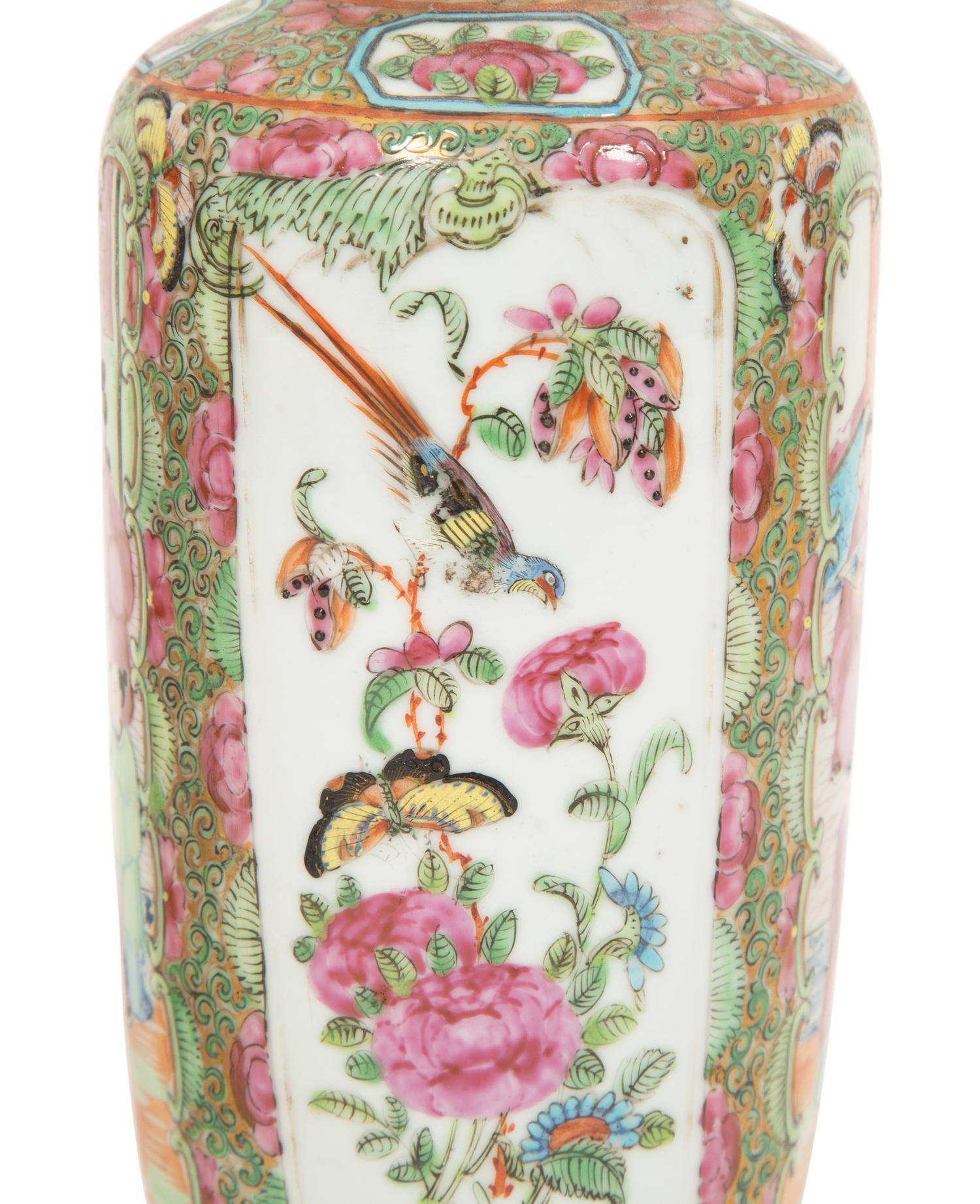 A Pair of Chinese Export Canton Famille Rose Rouleau-form Vases