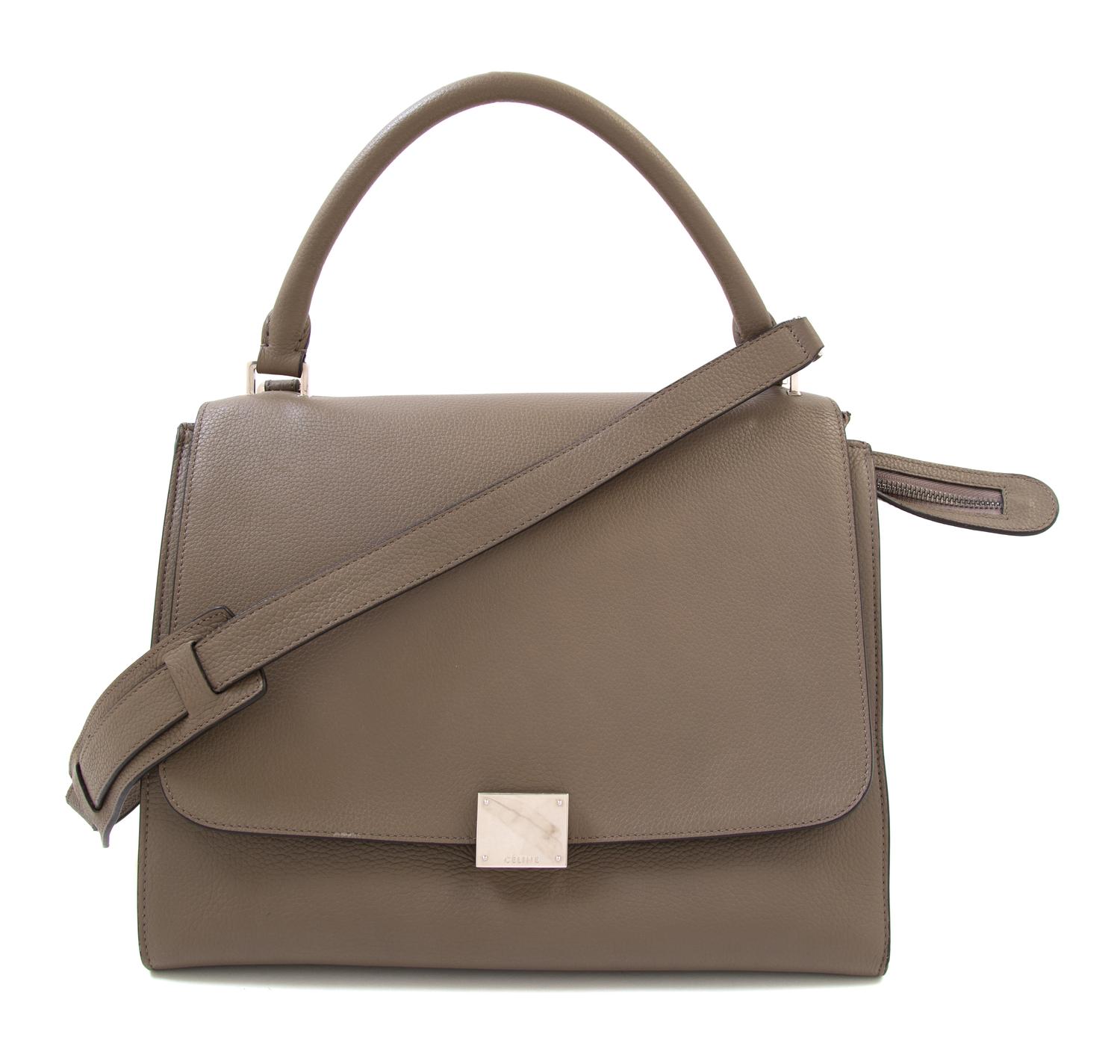A Celine Taupe Leather and Suede Medium Trapeze Handbag, 11.5"- 20" L x 9" H x 7"- 9" W; Top handle: 4.5"; Strap drop: 15".
