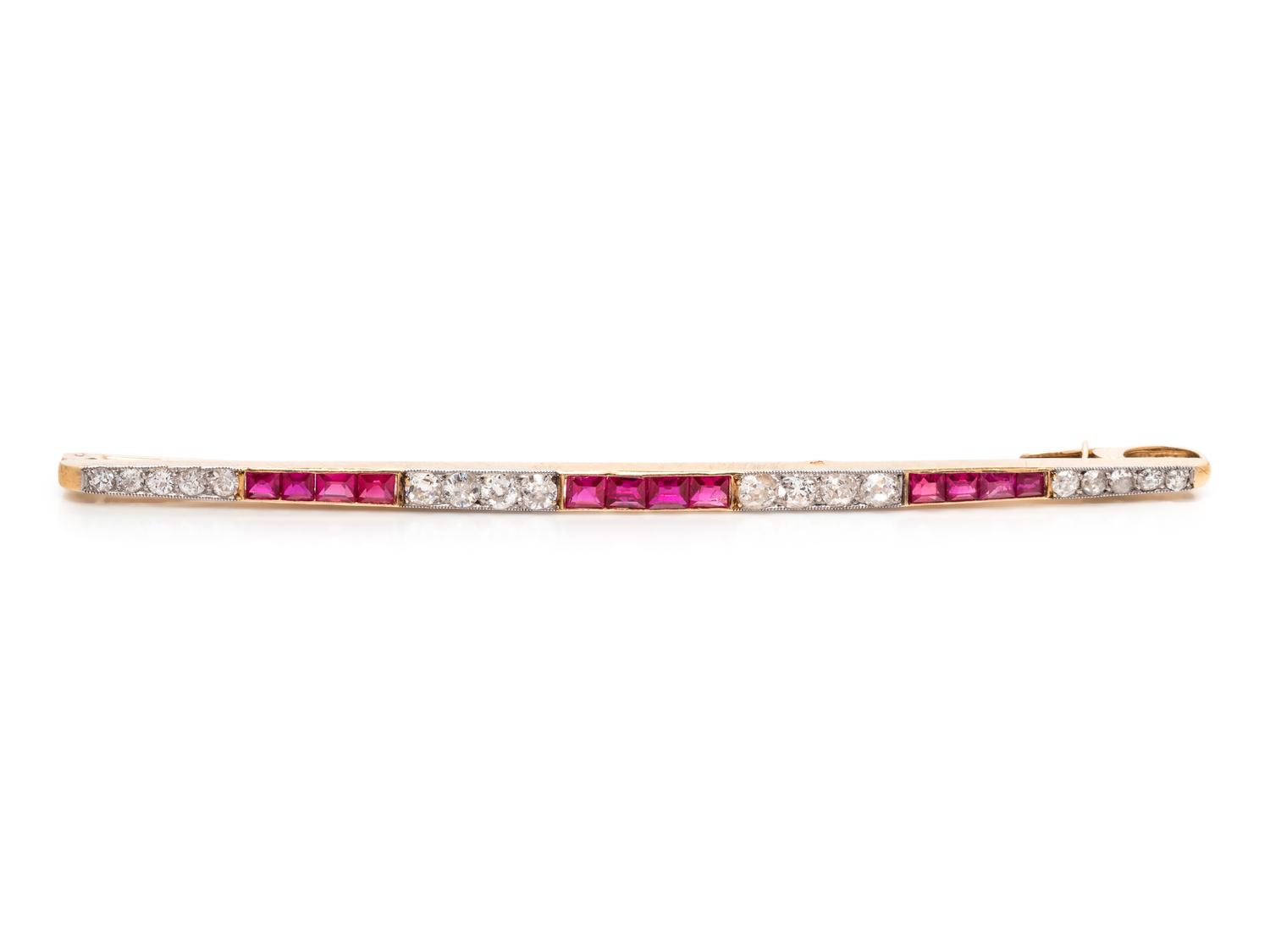DIAMOND AND SYNTHETIC RUBY BAR BROOCH