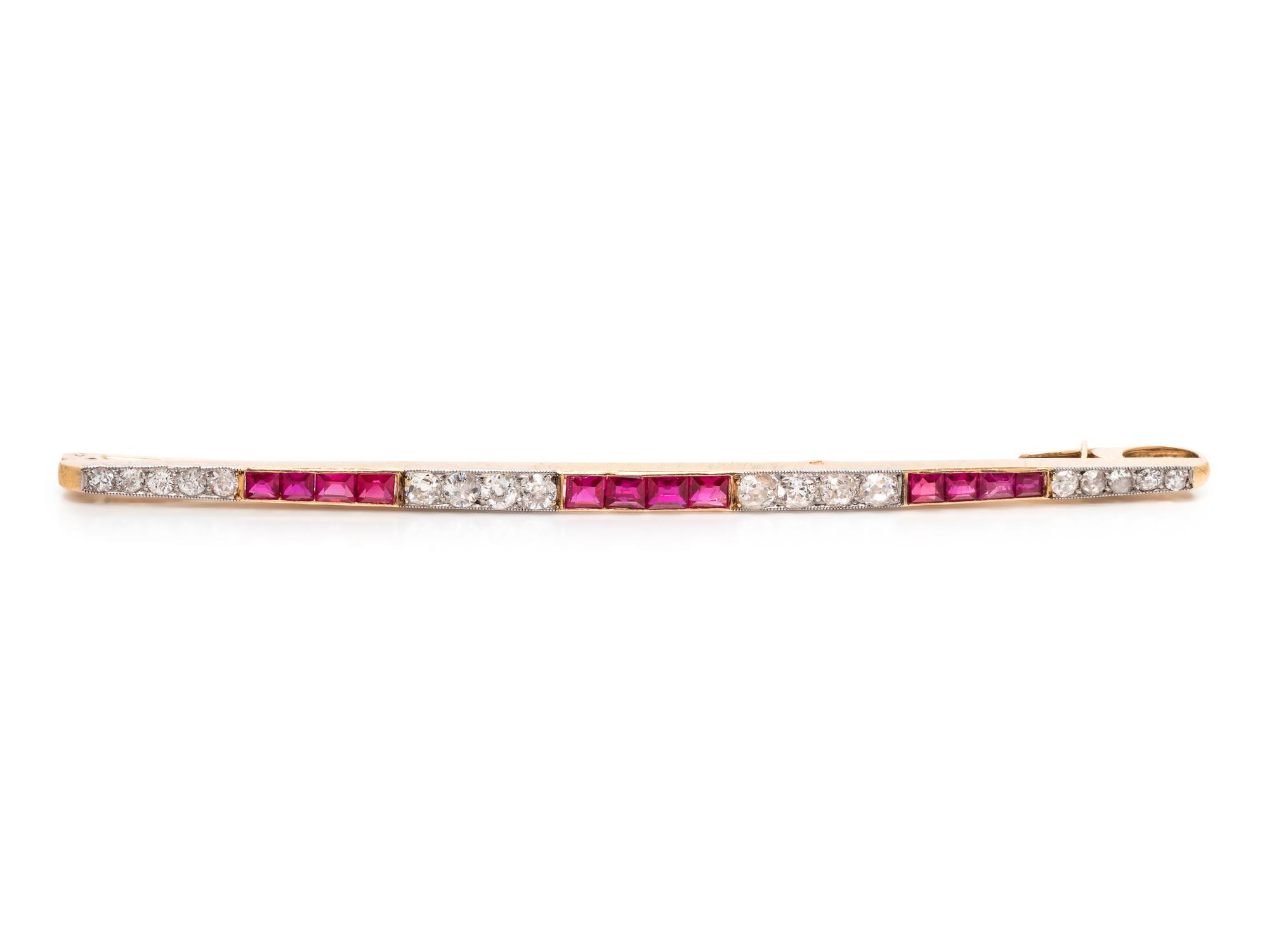 DIAMOND AND SYNTHETIC RUBY BAR BROOCH