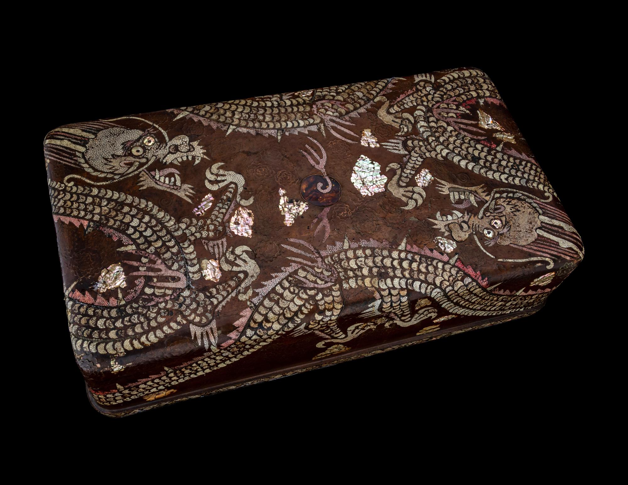 A Large and Fine Korean Mother-of-Pearl and Shagreen Inlaid Lacquered Box and Cover