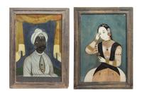 A Pair of Indian Subject Reverse Paintings on Glass, Height overall 27 x width 17 inches.