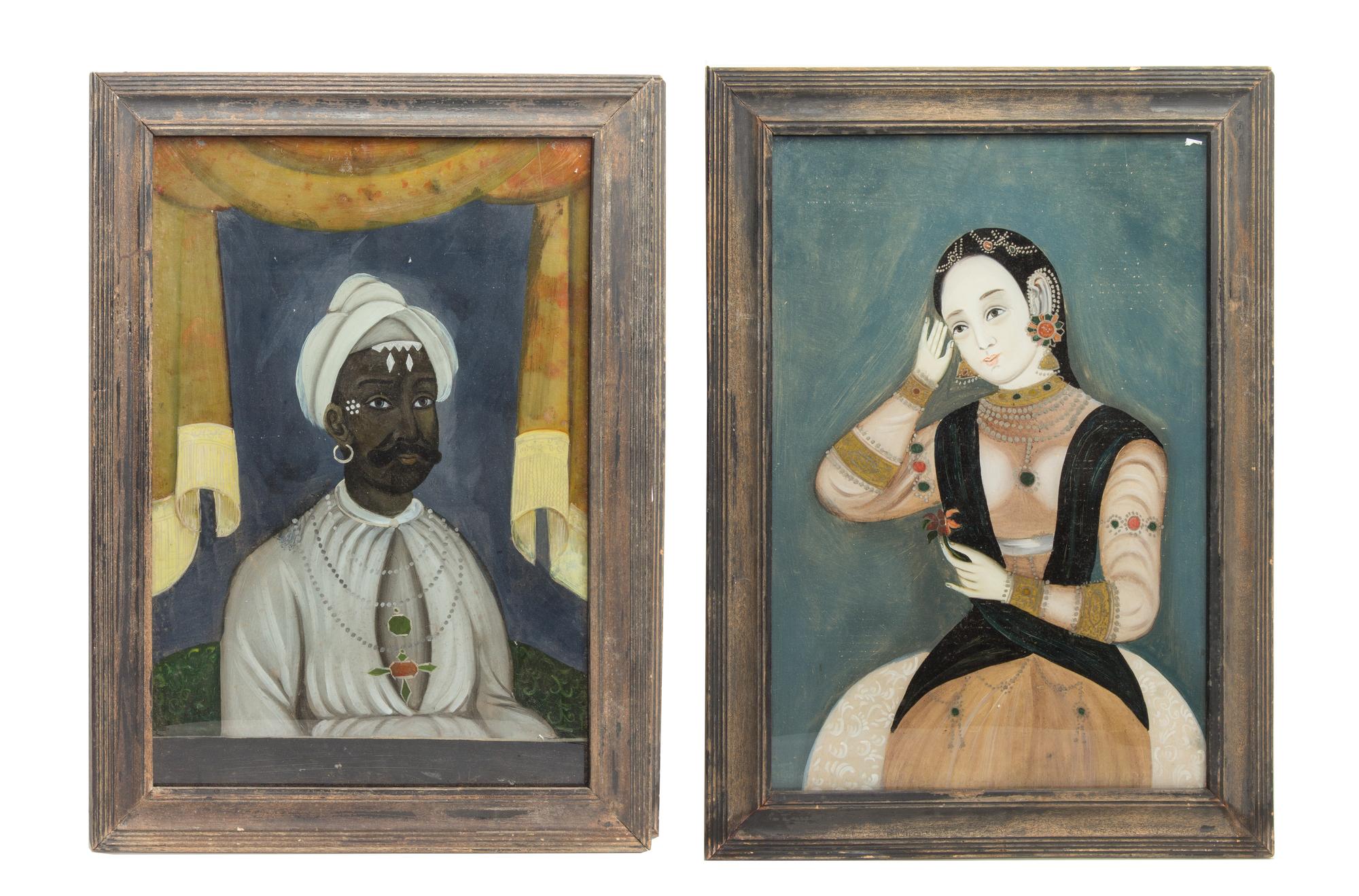 A Pair of Indian Subject Reverse Paintings on Glass, Height overall 27 x width 17 inches.