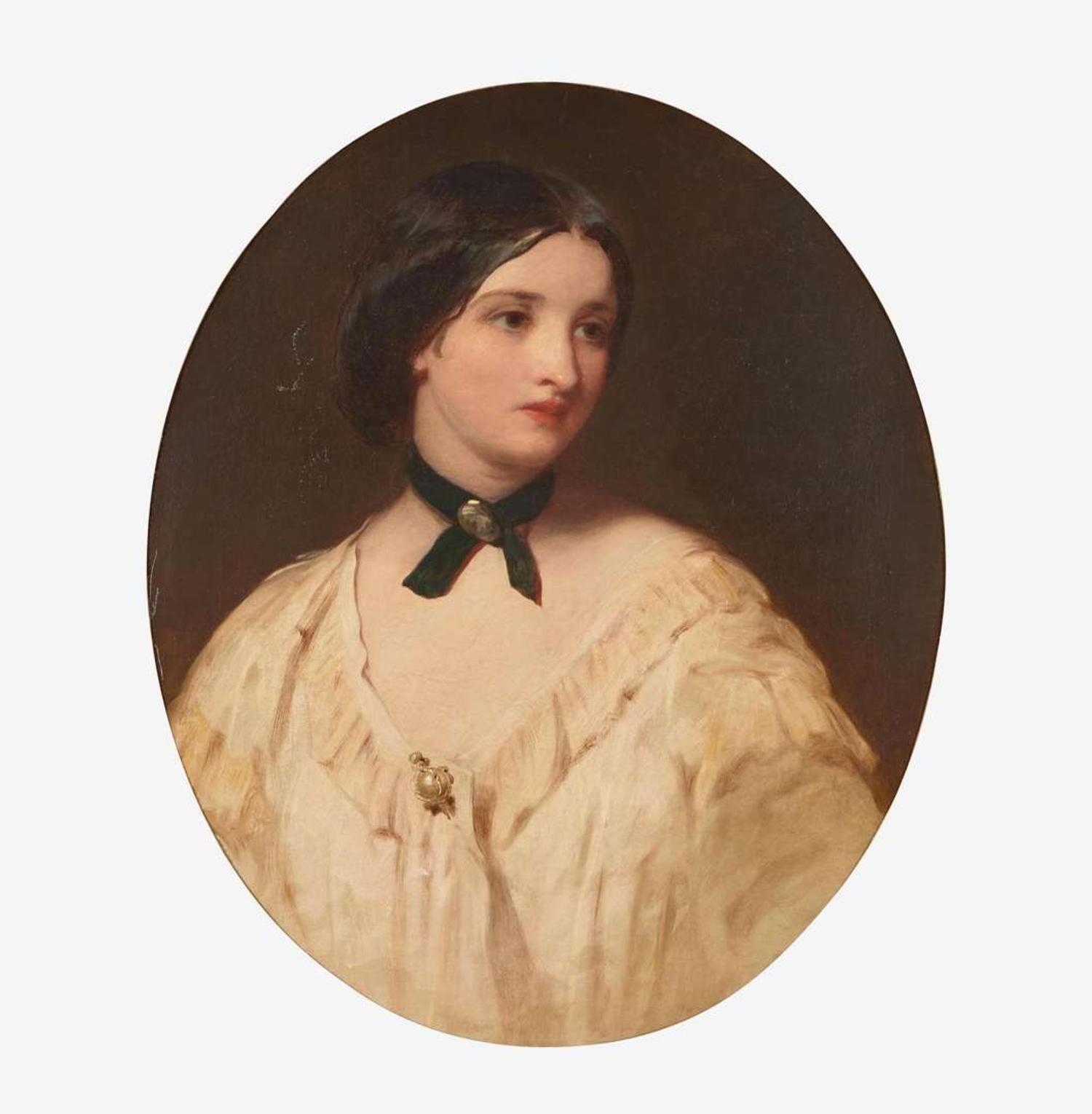 Manner of Franz Xaver Winterhalter (German, 1805-1873) Portrait of a Woman in White Facing Left with a Black Velvet Choker Necklace