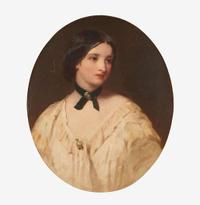 Manner of Franz Xaver Winterhalter (German, 1805-1873) Portrait of a Woman in White Facing Left with a Black Velvet Choker Necklace