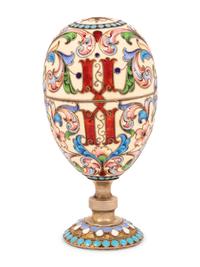 An Unusual Russian Enameled Silver Convertible Egg-Form Double Cordial Glass