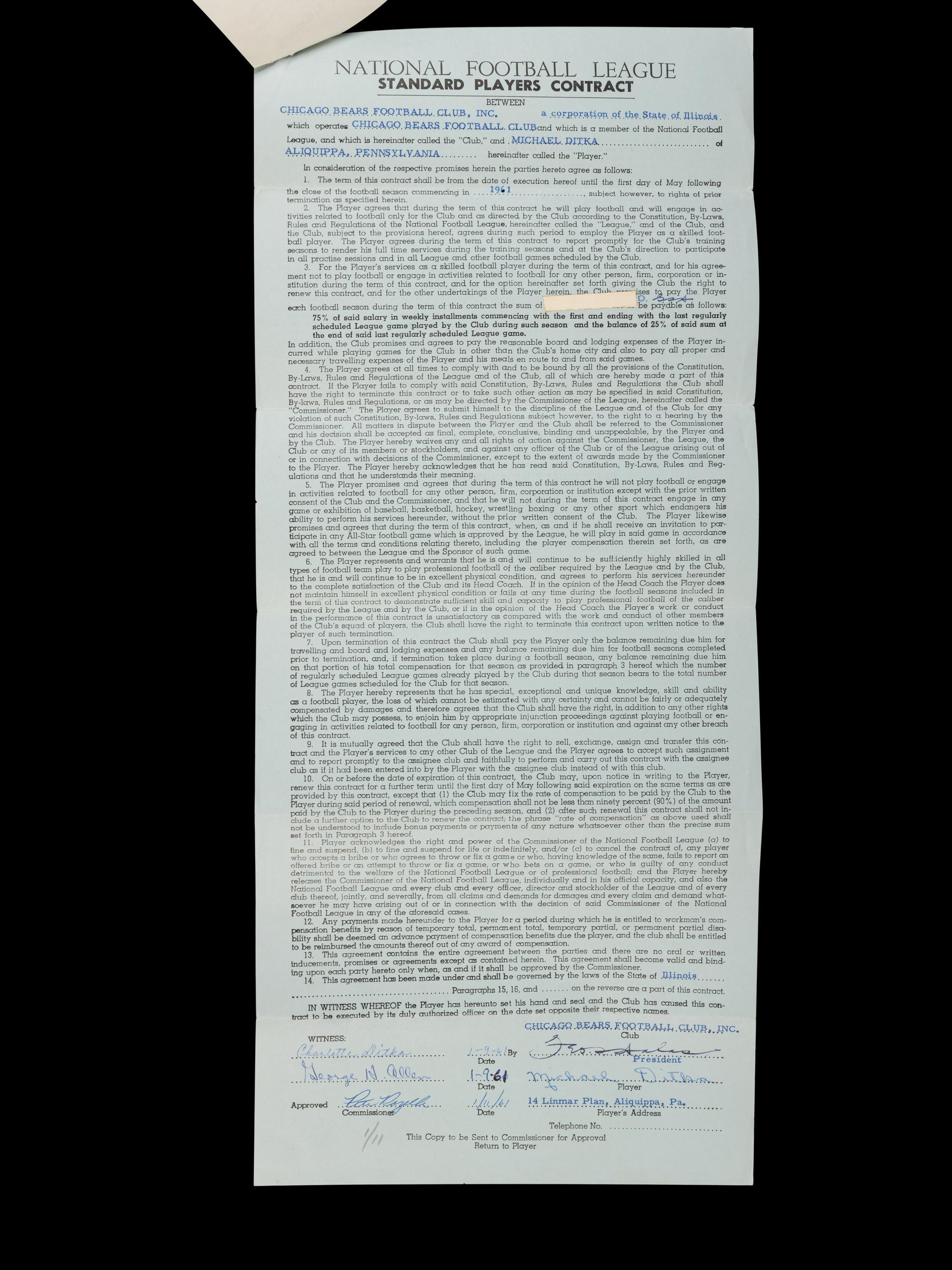 Mike Ditka's 1961 Chicago Bears Rookie NFL Player Contract Signed by Ditka, George Halas and Pete Rozelle