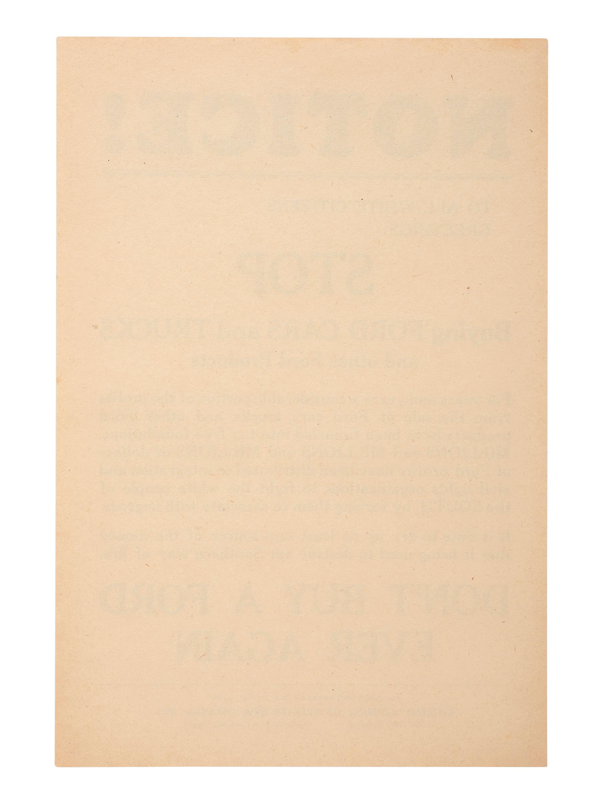 [SEGREGATION]. Notice! To All White Citizens Greetings: Stop Buying Ford Cars and Trucks and other Ford Products . New Orleans: Citizens' Council of Greater New Orleans, ca 1960s.