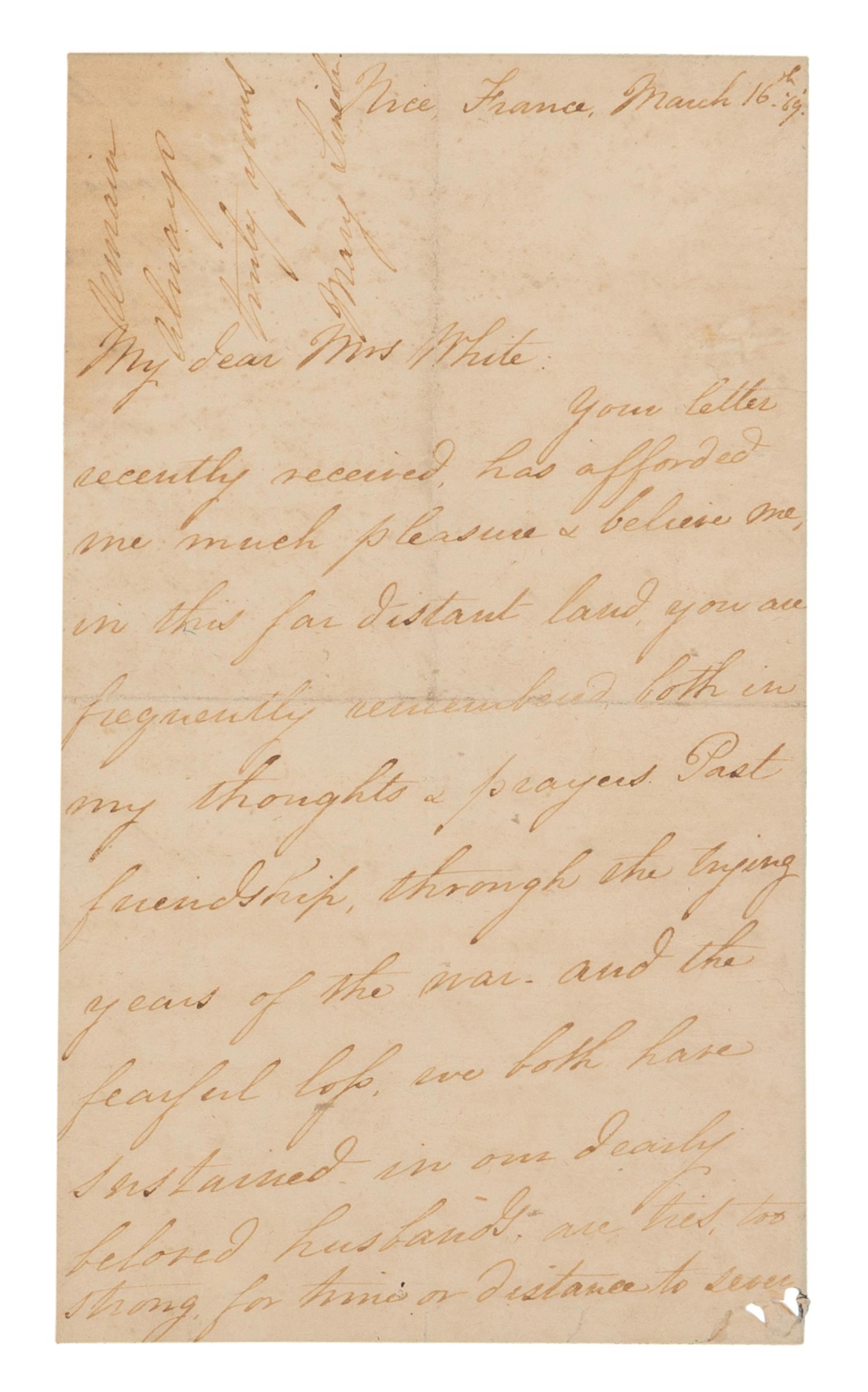 LINCOLN, Mary Todd (1818-1882). Autograph letter signed ("Mary Lincoln"), to Rhoda White, Nice, France, 16 March 1869.
