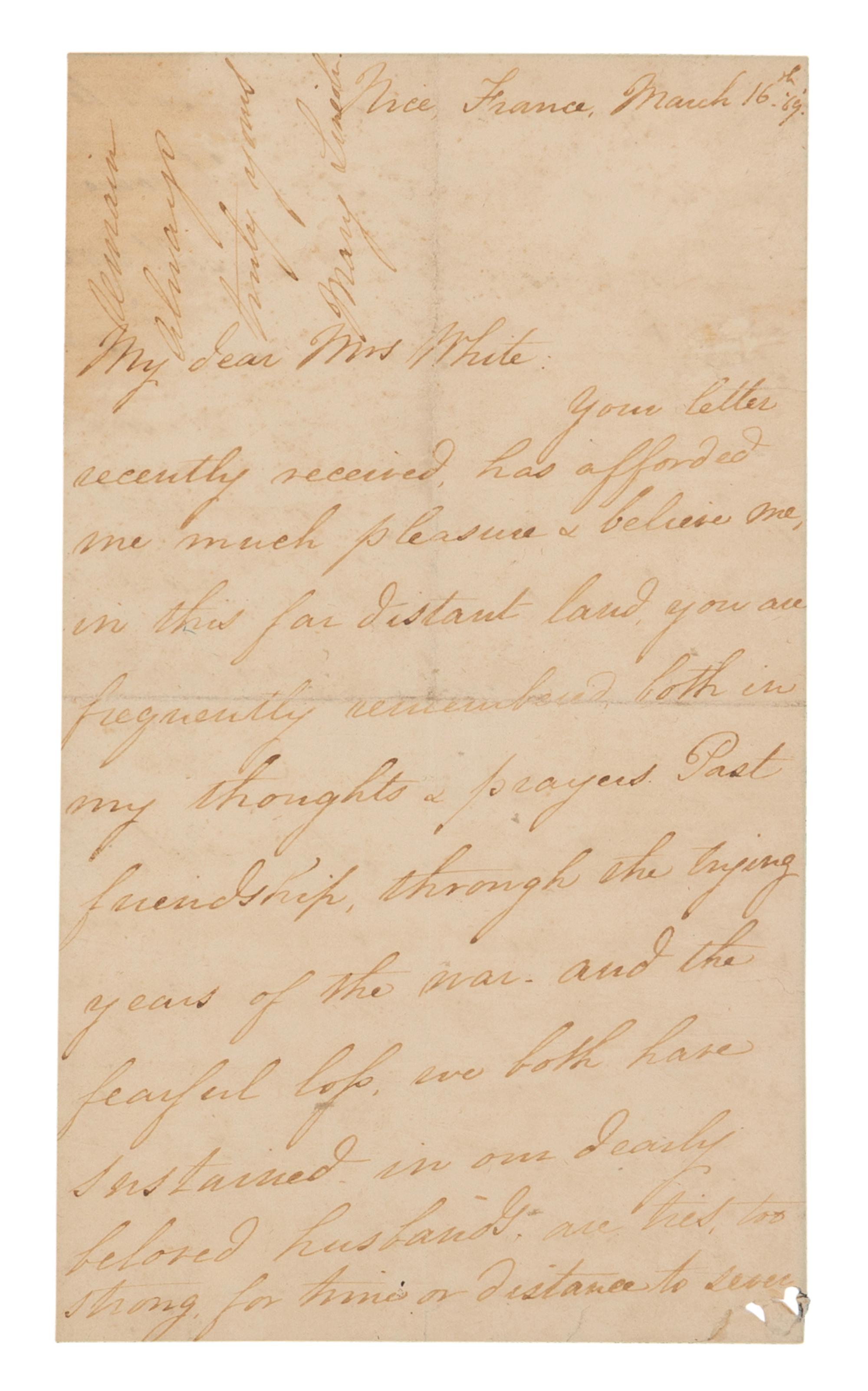 LINCOLN, Mary Todd (1818-1882). Autograph letter signed ("Mary Lincoln"), to Rhoda White, Nice, France, 16 March 1869.