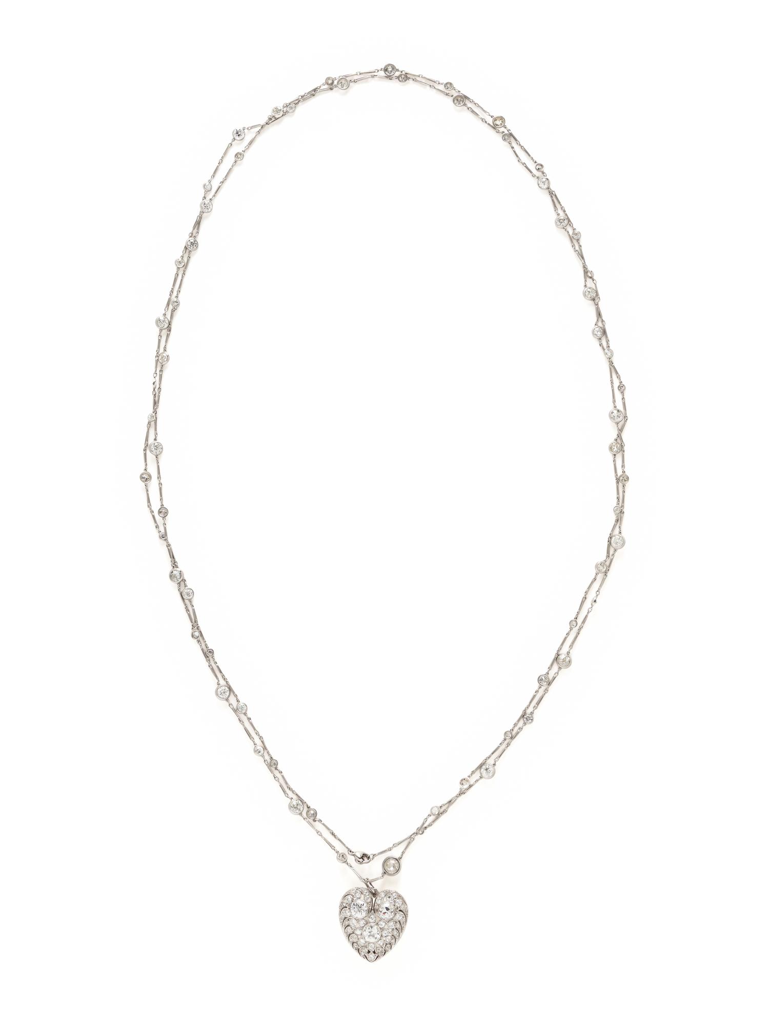 PLATINUM AND DIAMOND STATION CHAIN AND DIAMOND HEART PENDANT BROOCH