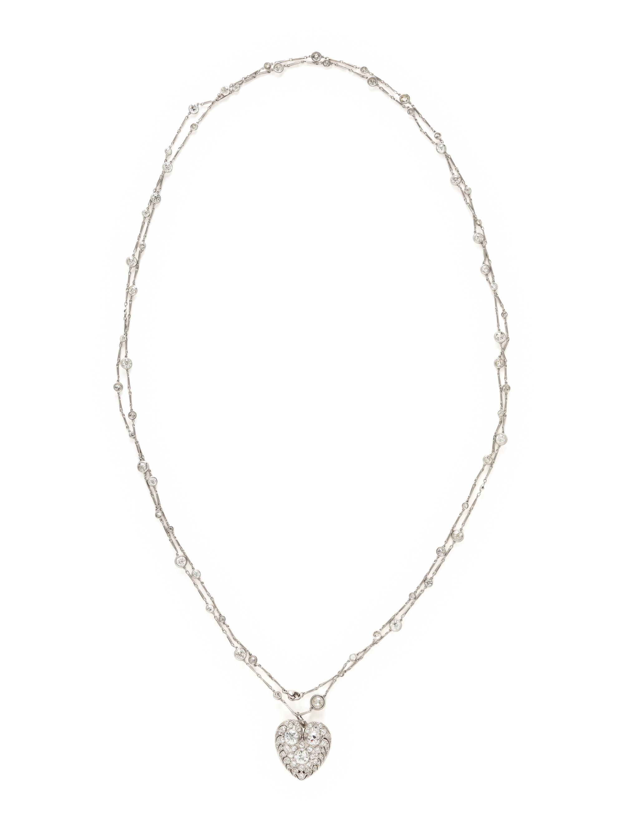 PLATINUM AND DIAMOND STATION CHAIN AND DIAMOND HEART PENDANT BROOCH