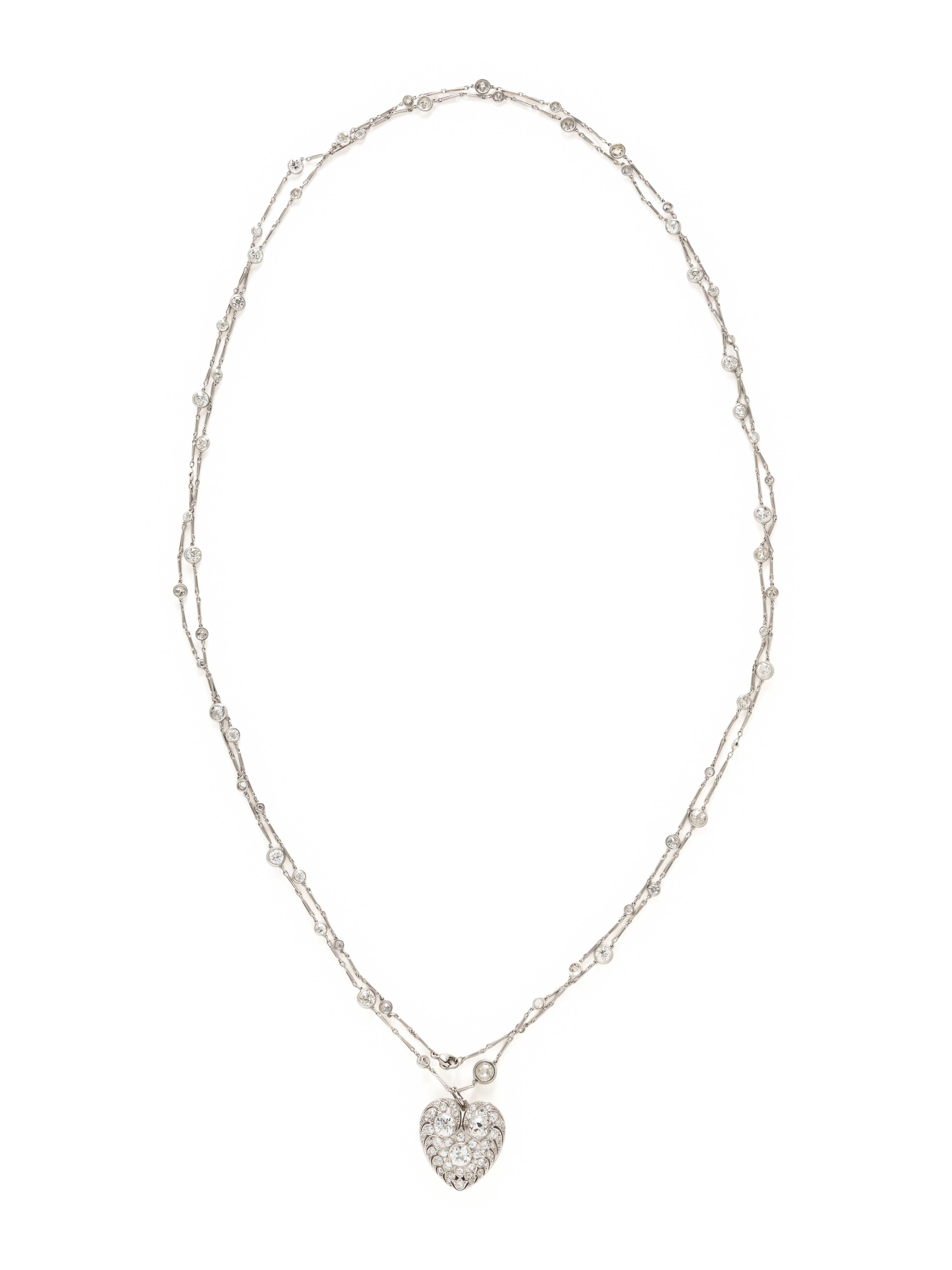 PLATINUM AND DIAMOND STATION CHAIN AND DIAMOND HEART PENDANT BROOCH