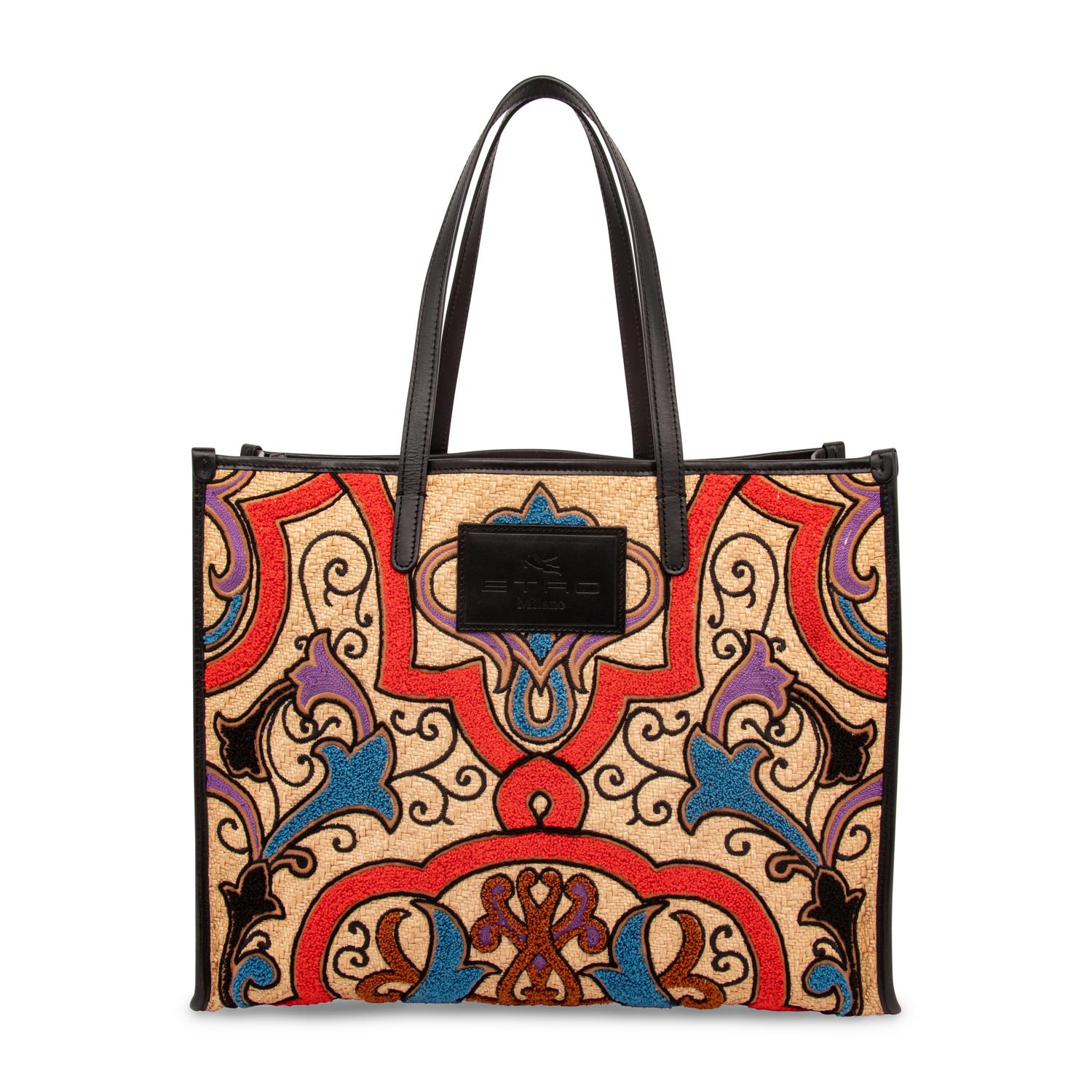 ETRO, EMBROIDERED RAFFIA LARGE TOTE & MATCHING CLUTCH