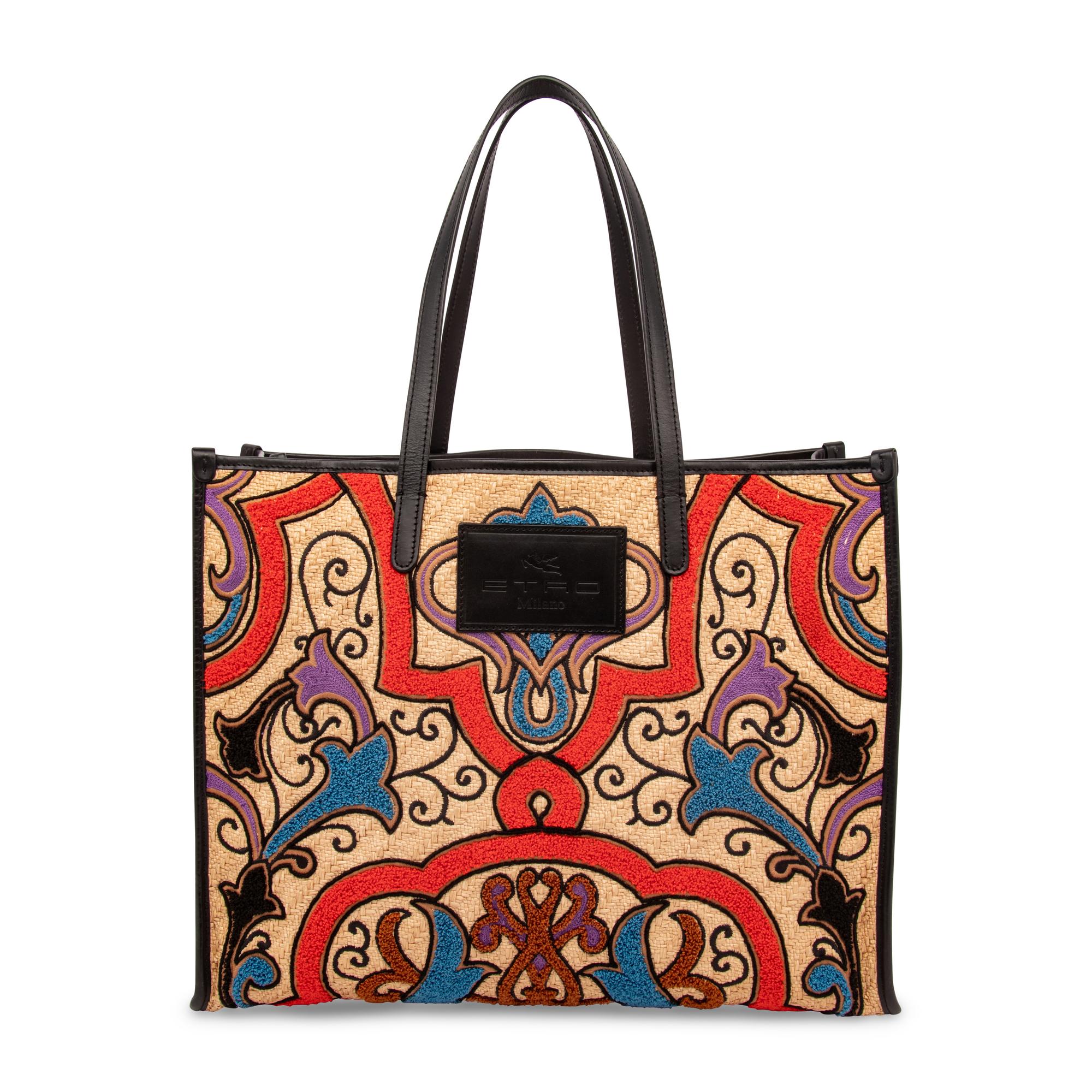 ETRO, EMBROIDERED RAFFIA LARGE TOTE & MATCHING CLUTCH