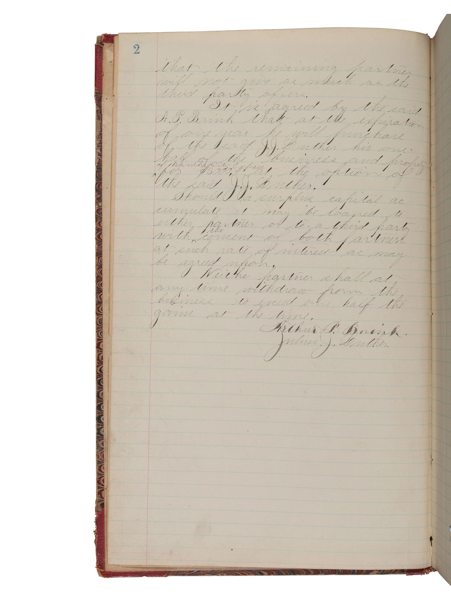 [BUSINESS]. BRINK, Arthur P. (1855-1916). Accounting ledger featuring "Articles of Co-Partnership" for "Brink & Luther, Proprietors." Chicago, 1876-1877.