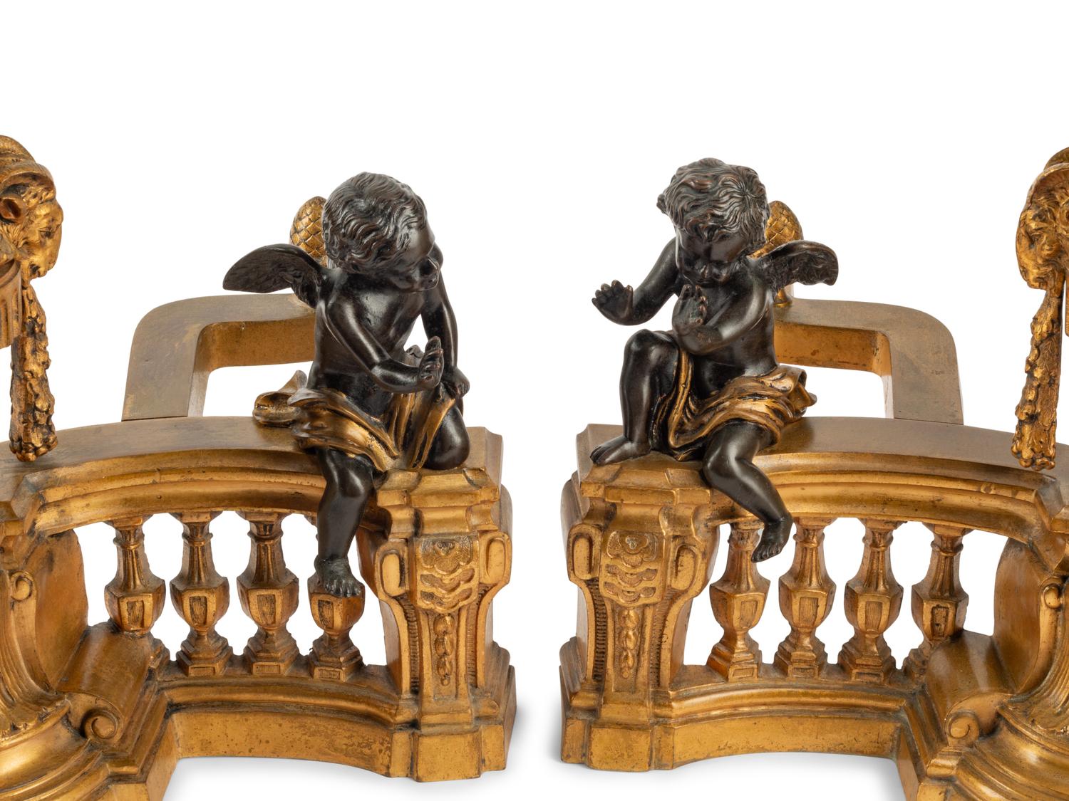 A Pair of French Gilt and Patinated Bronze Chenets