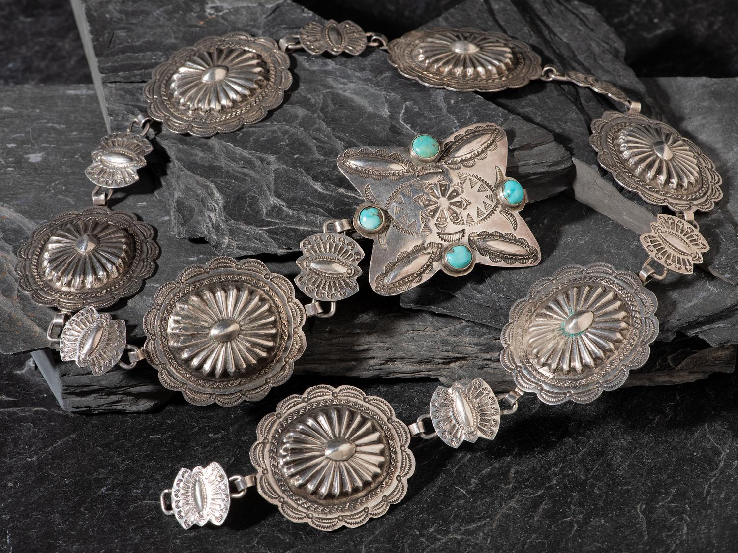 Silver Link Concha Belt, with Turquoise