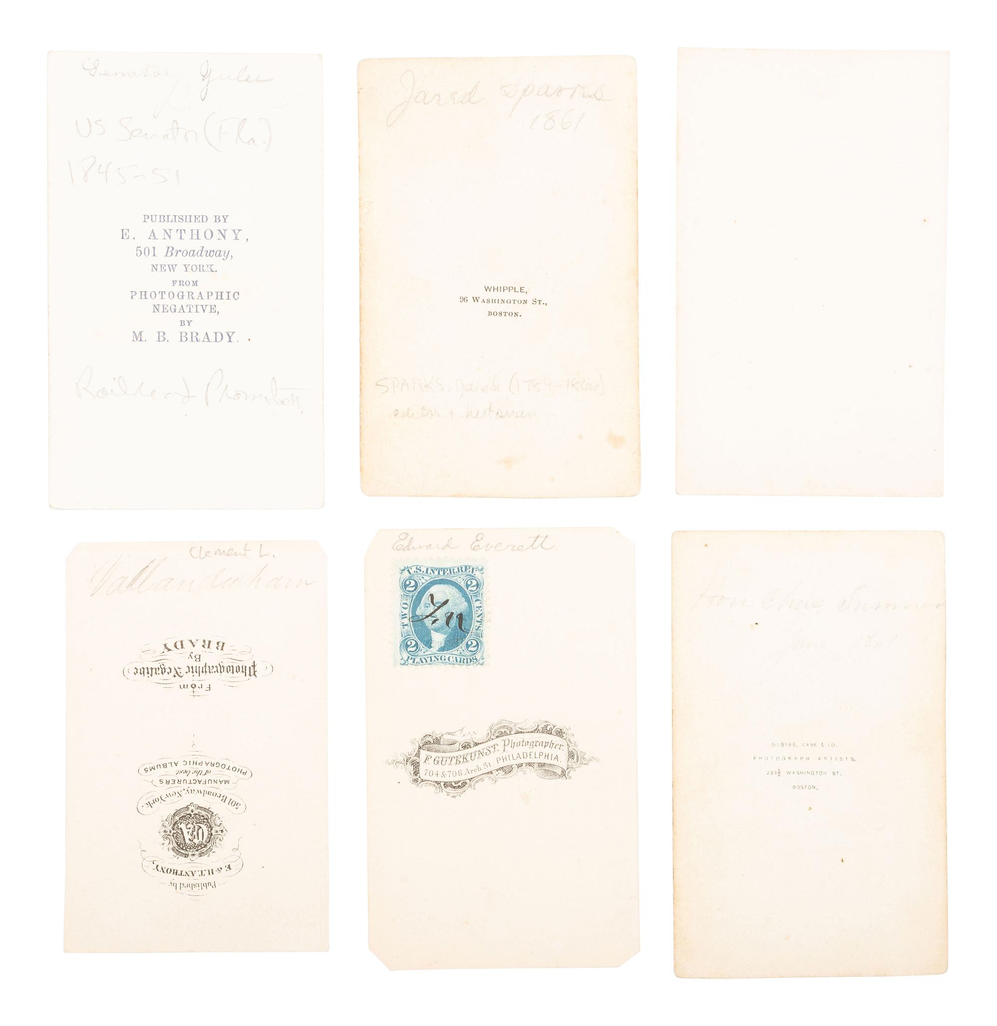 [EARLY PHOTOGRAPHY]. 12 CDVs of politicians, abolitionists, & other figures, incl. Cyrus W. Field.