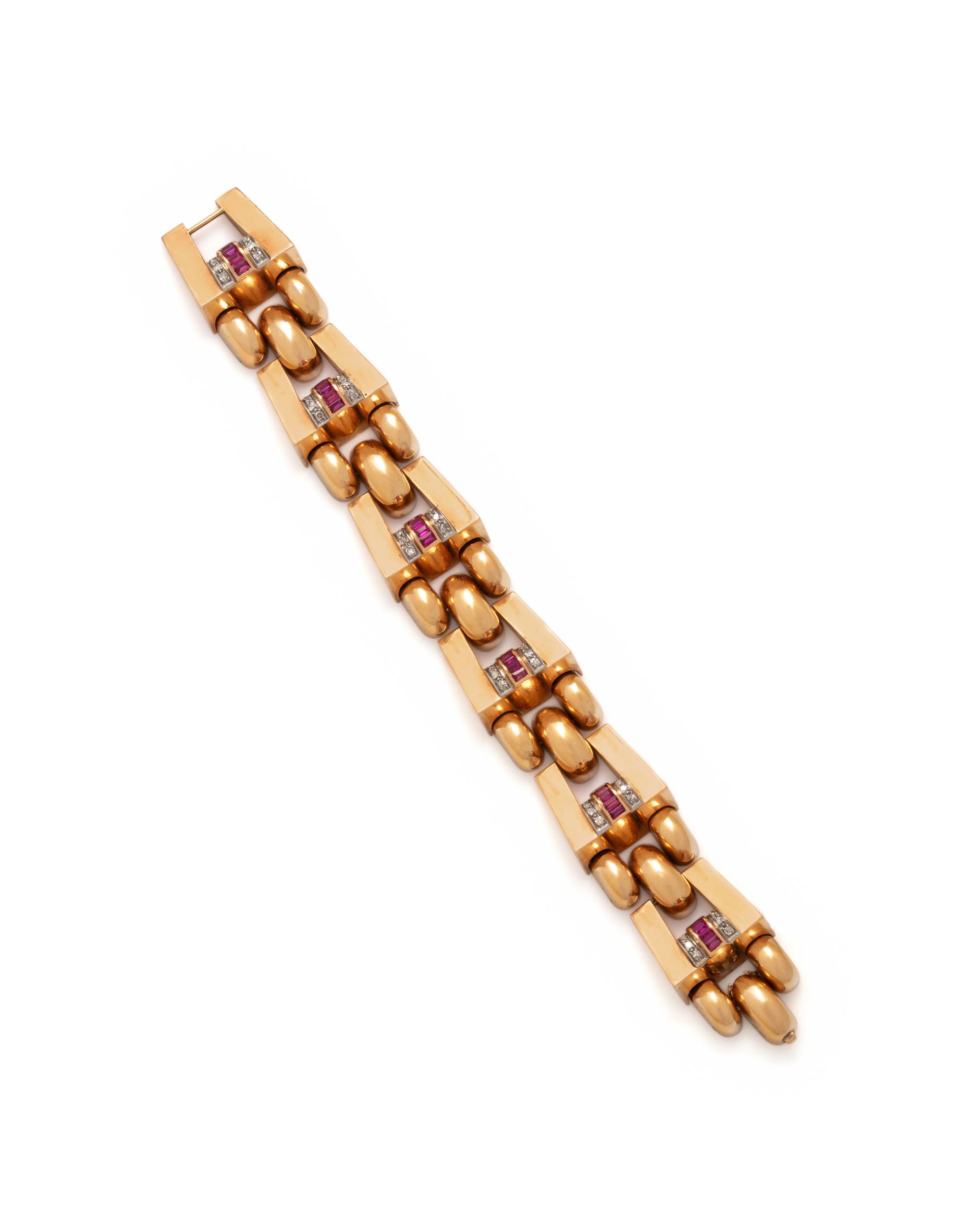 RETRO, ROSE GOLD, PLATINUM, DIAMOND AND SYNTHETIC RUBY BRACELET