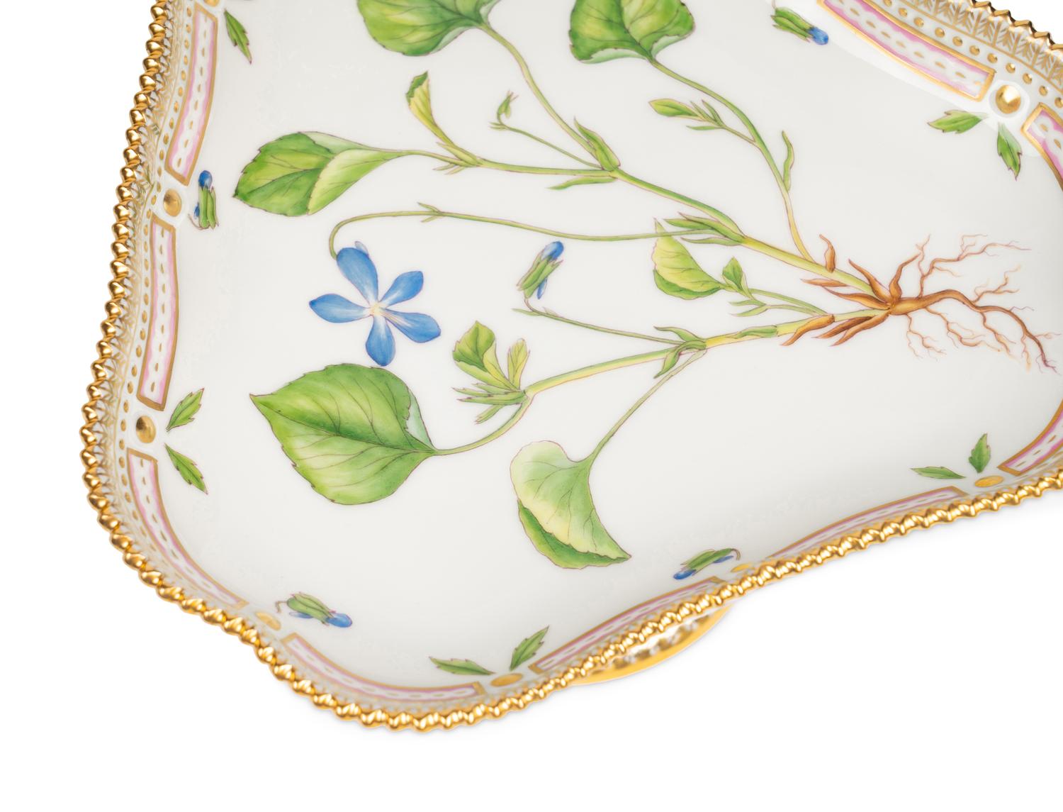 A Pair of Royal Copenhagen Flora Danica Porcelain Triangular Compotes and a Triangular Salad Bowl