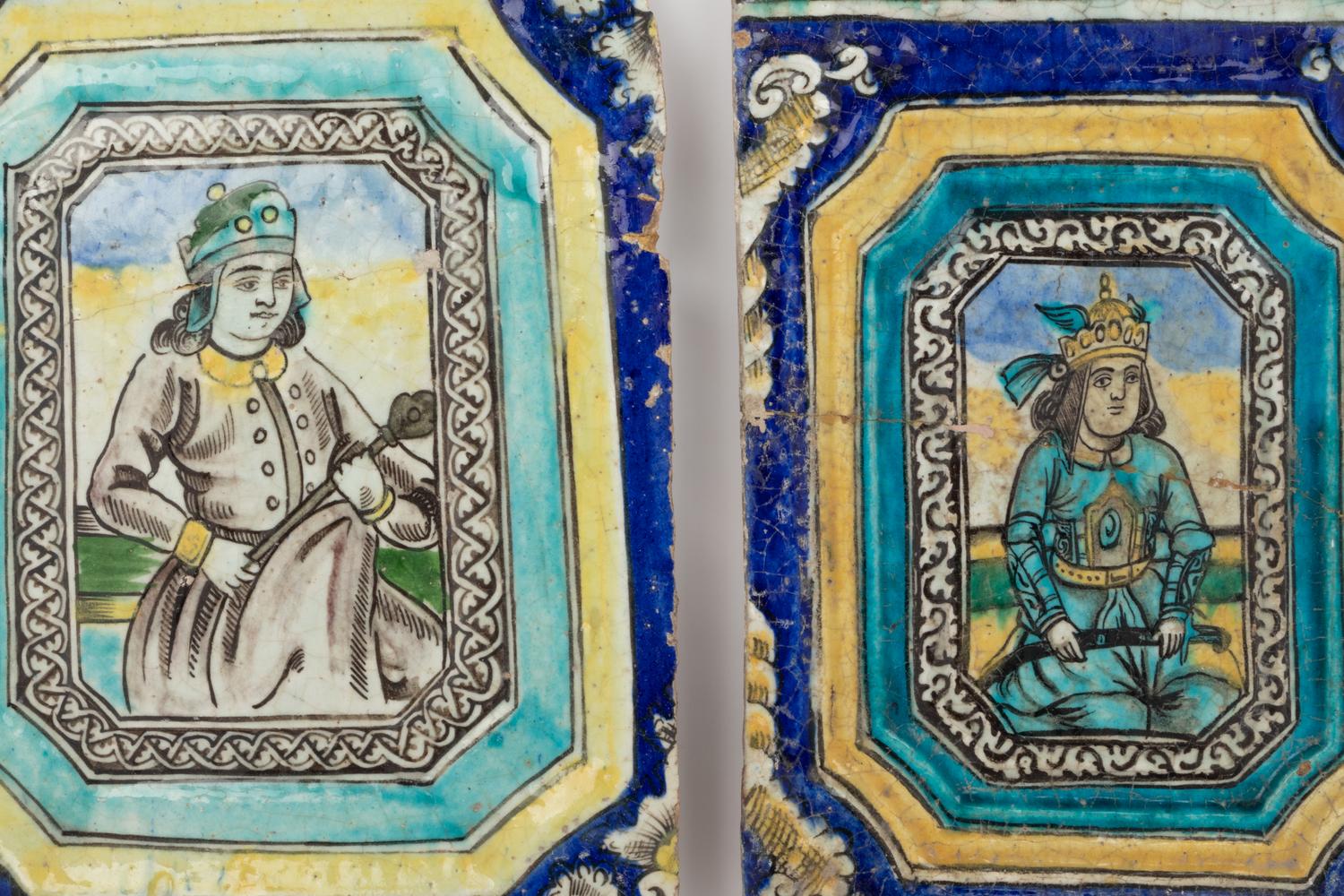 Two Qajar Molded Pottery Tiles