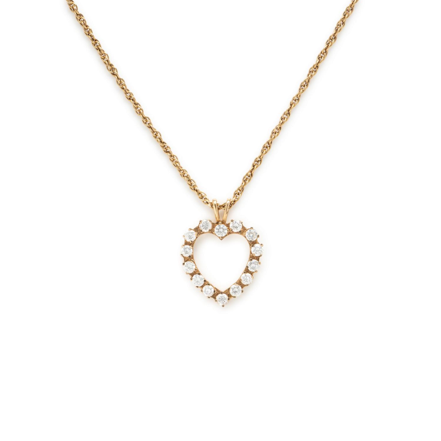 Yellow Gold and Colorless Crystal Heart Pendant Necklace