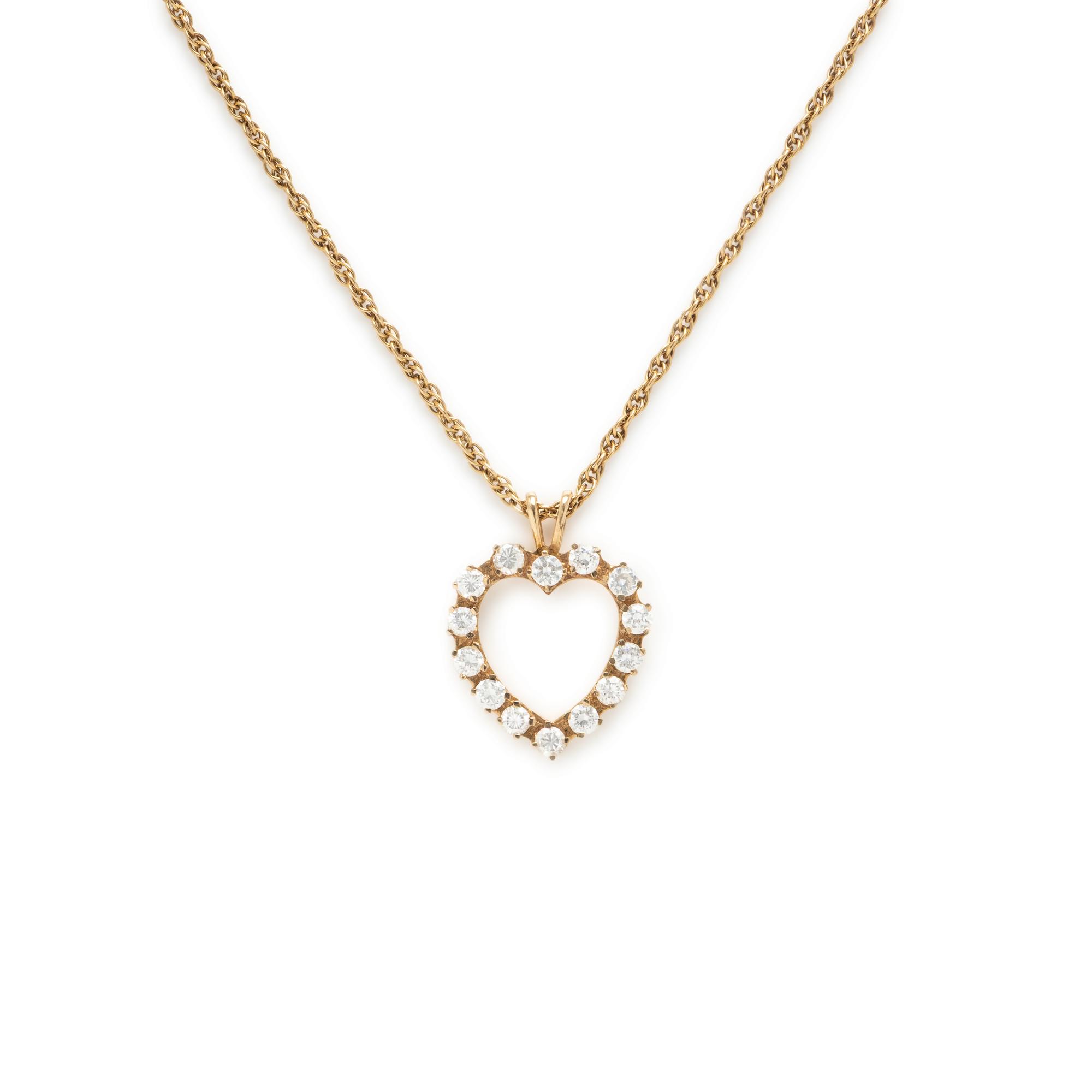 Yellow Gold and Colorless Crystal Heart Pendant Necklace