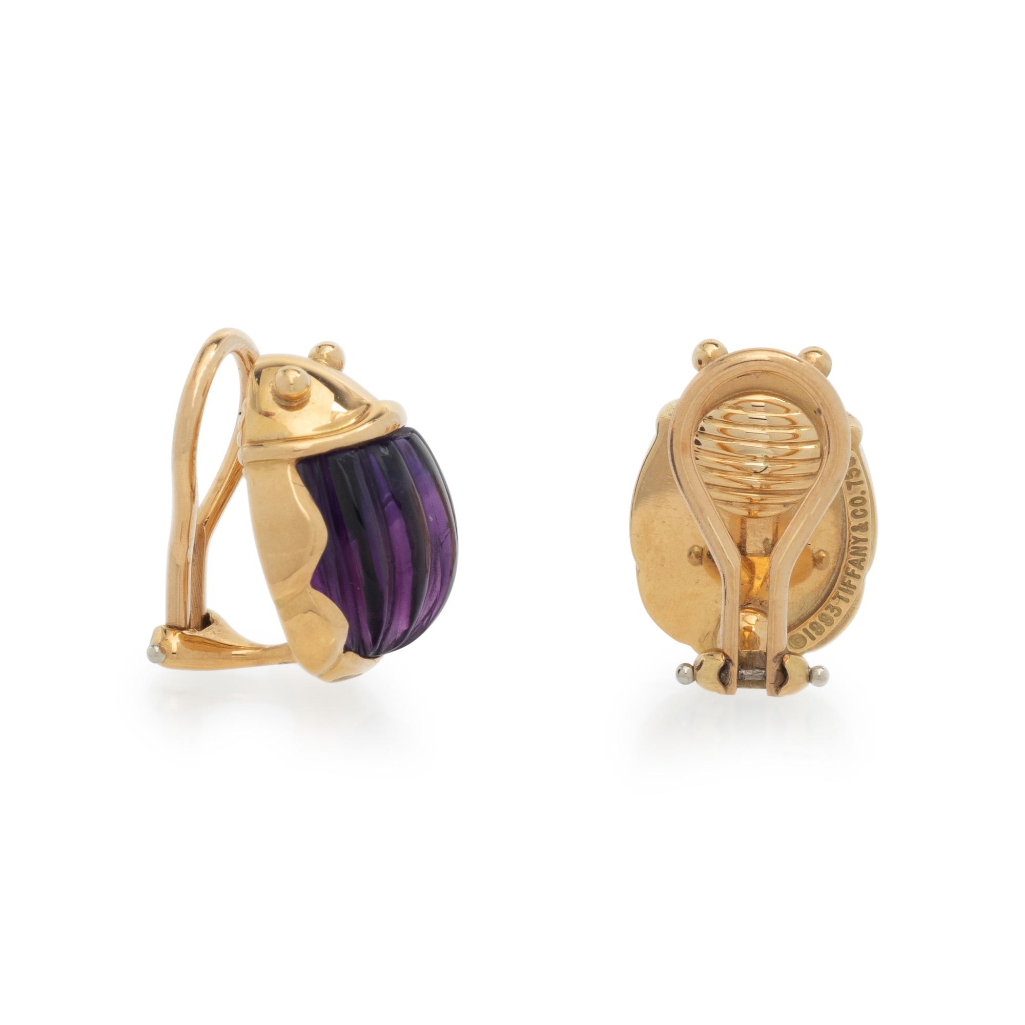 TIFFANY & CO., CARVED AMETHYST SCARAB CLIP EARRINGS