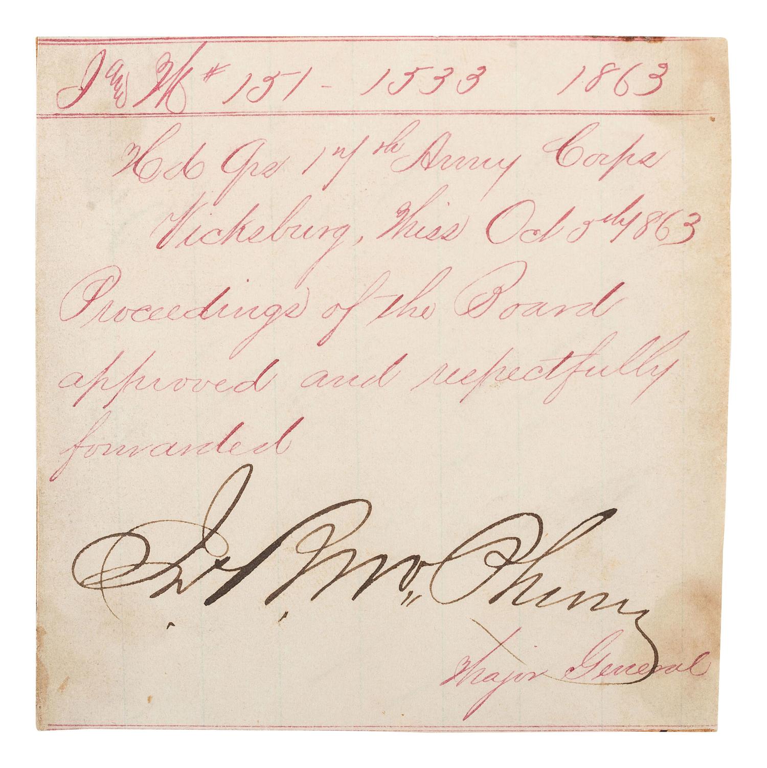 [CIVIL WAR]. MCPHERSON, James B. (1828-1864). CDV and endorsement signed ("J.B. McPherson"). Head Quarters 17th Army Corps, Vicksburg, MS, 5 October 1863.