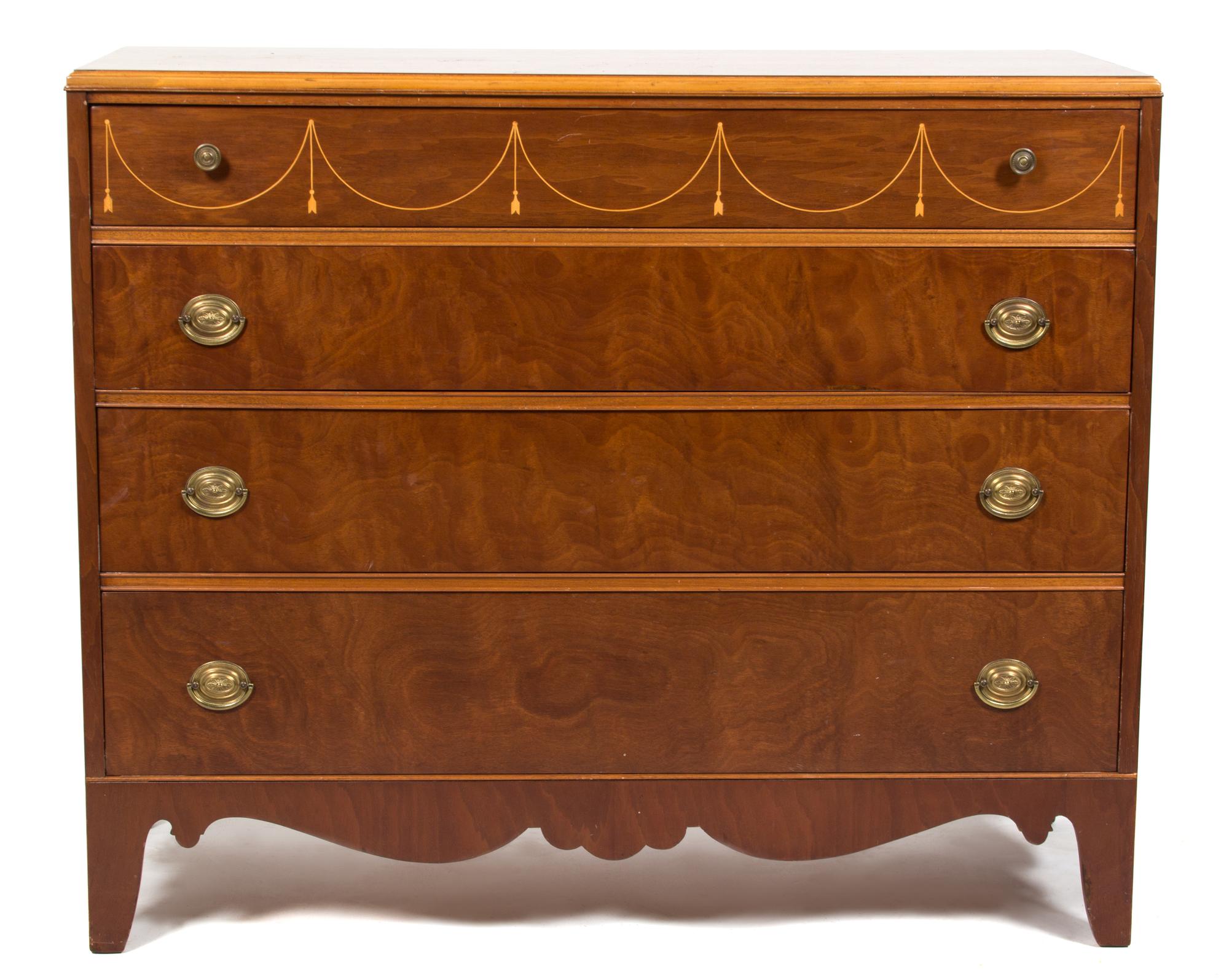 An Adam Style Inlaid Cherry Chest of Drawers Height 37 1/2 x width 44 1/2 x depth 19 3/4 inches. — 20TH CENTURY