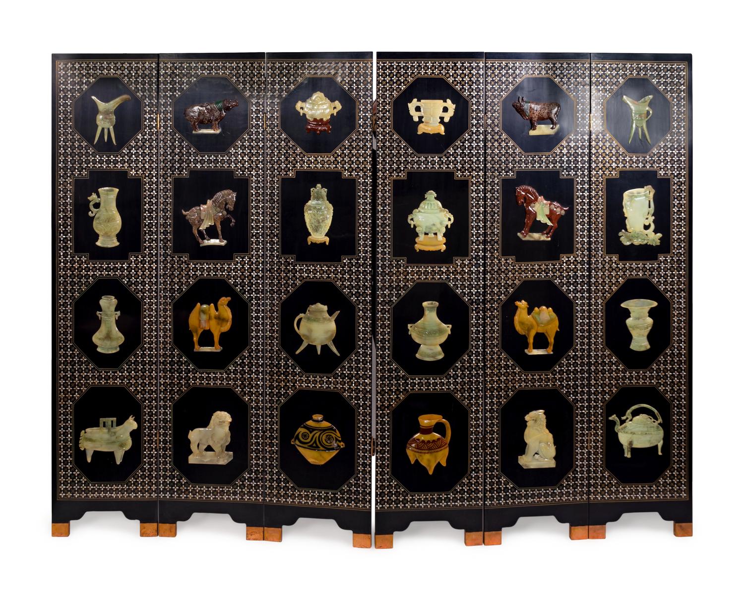 A Chinese Hardstone-Mounted Black Lacquer Six-Panel Screen — 20TH CENTURY