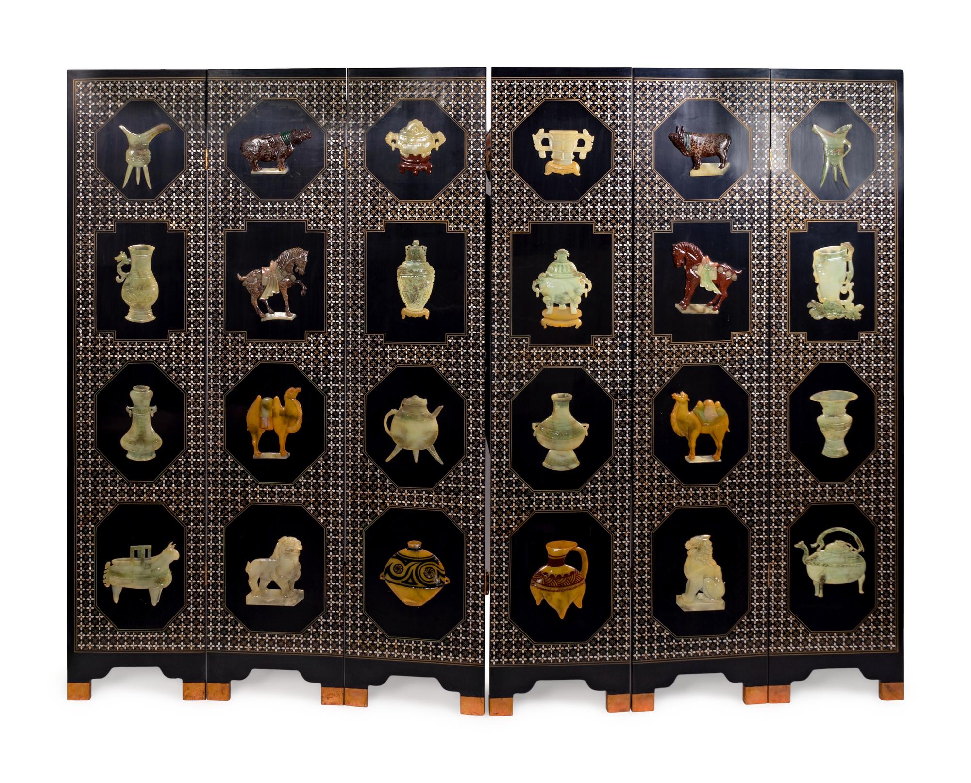 A Chinese Hardstone-Mounted Black Lacquer Six-Panel Screen — 20TH CENTURY