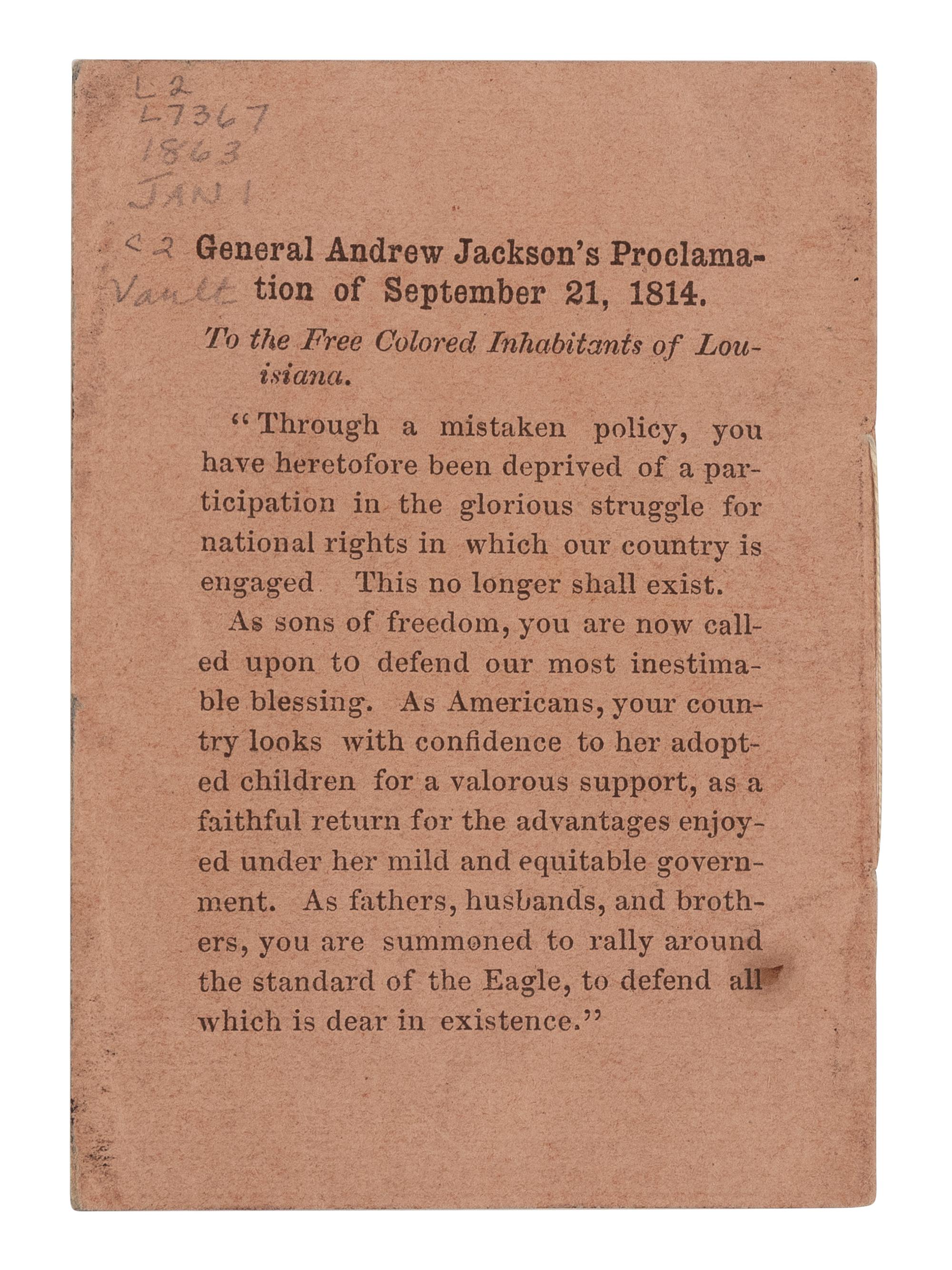 [EMANCIPATION PROCLAMATION]. LINCOLN, Abraham (1809-1865). Proclamation of Emancipation, by the President of the United States, January 1st, 1863 . [Boston: John Murray Forbes, ca. 20 January 1863].