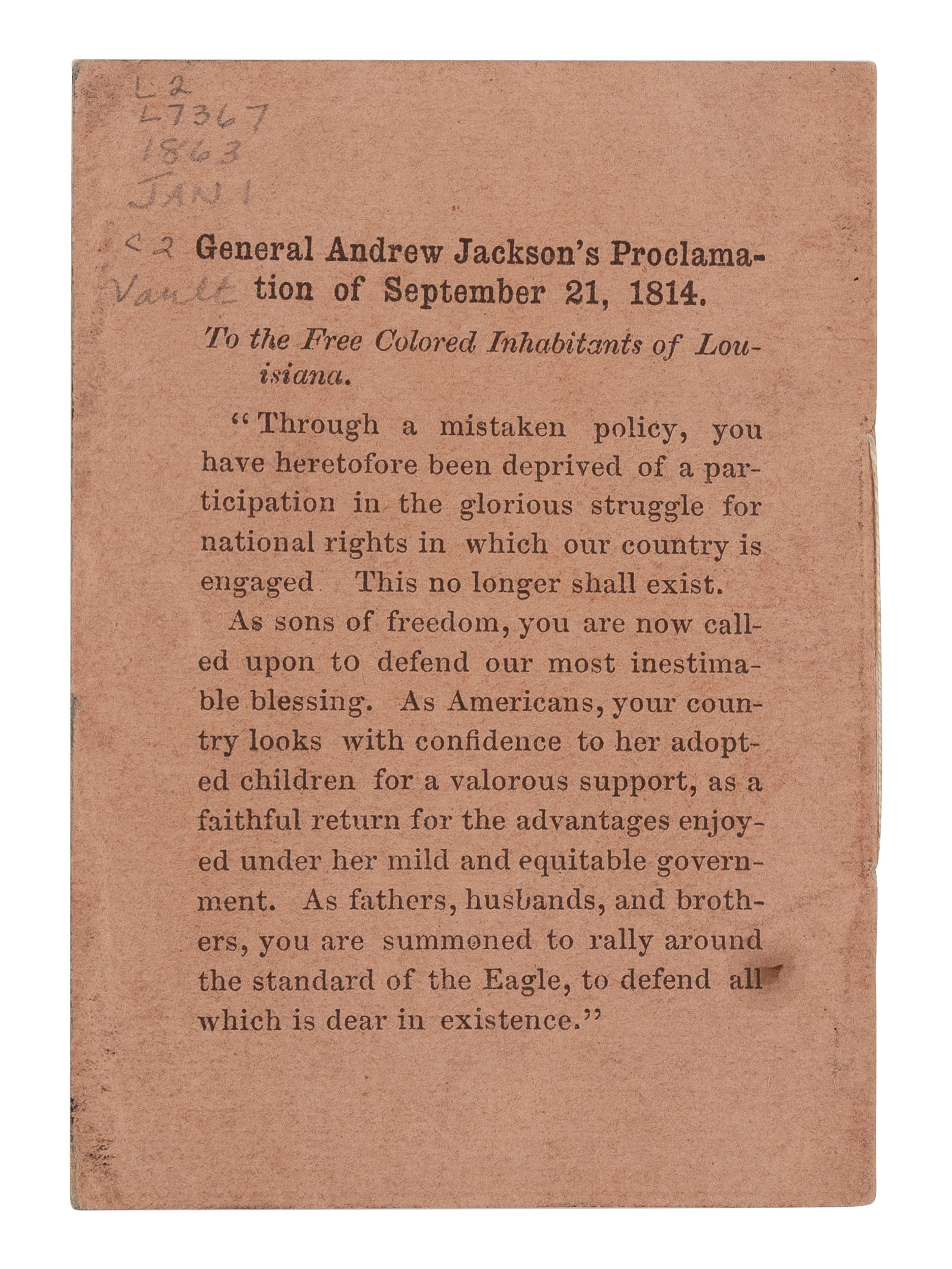 [EMANCIPATION PROCLAMATION]. LINCOLN, Abraham (1809-1865). Proclamation of Emancipation, by the President of the United States, January 1st, 1863 . [Boston: John Murray Forbes, ca. 20 January 1863].