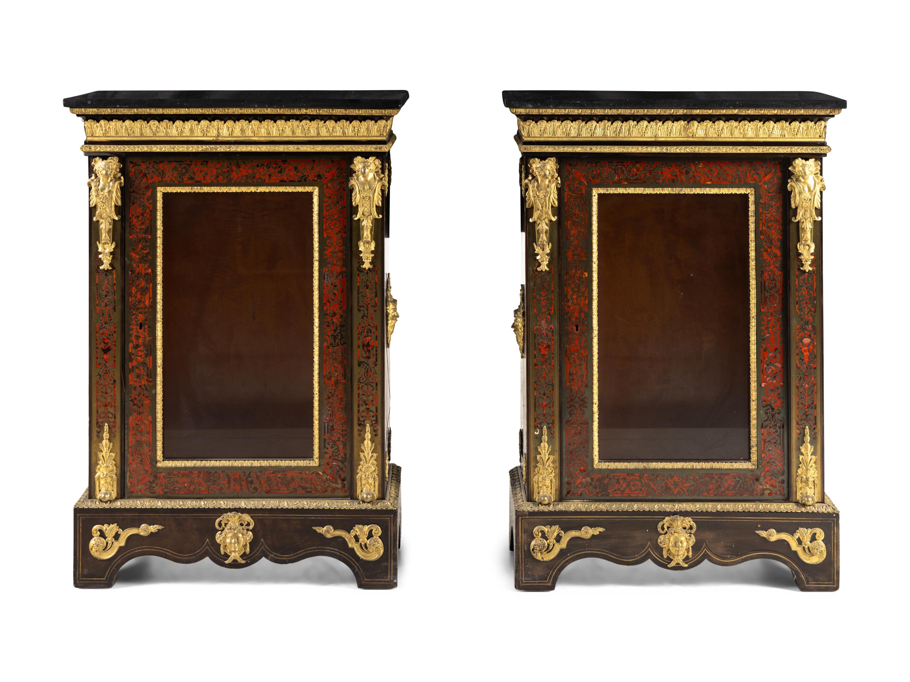 A Pair of French Gilt Bronze Mounted Boulle Marquetry Marble-Top Cabinets