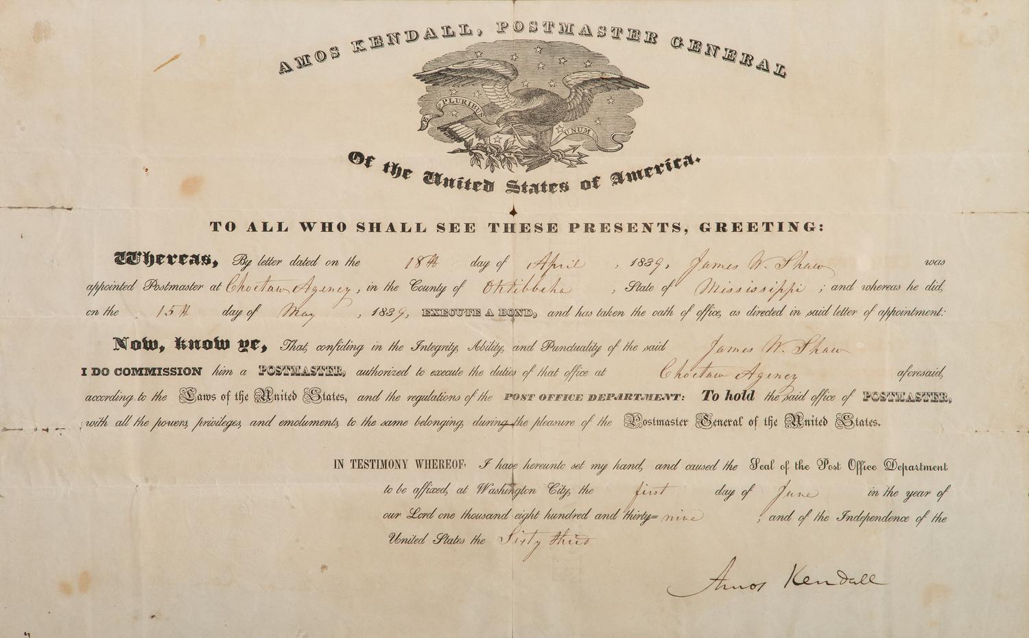 [POSTAL HISTORY]. KENDALL, Amos (1789-1869). Document signed ("Amos Kendall"), as Postmaster General. Washington, D.C., 1 June 1839.