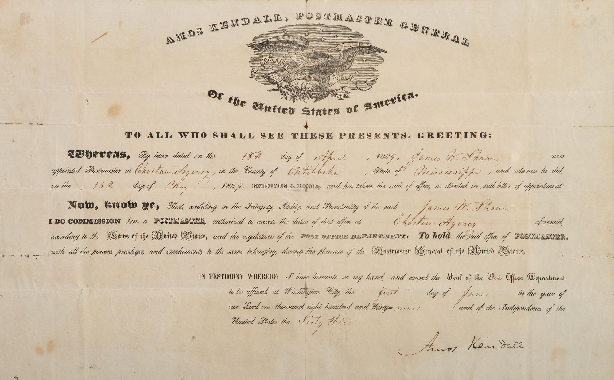 [POSTAL HISTORY]. KENDALL, Amos (1789-1869). Document signed ("Amos Kendall"), as Postmaster General. Washington, D.C., 1 June 1839.