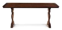 A Continental Various Woods Trestle Table, Height 30 1/2 x width 72 x depth 32 inches.