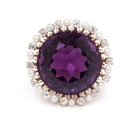 A Yellow Gold, Amethyst, Diamond and Seed Pearl Brooch,