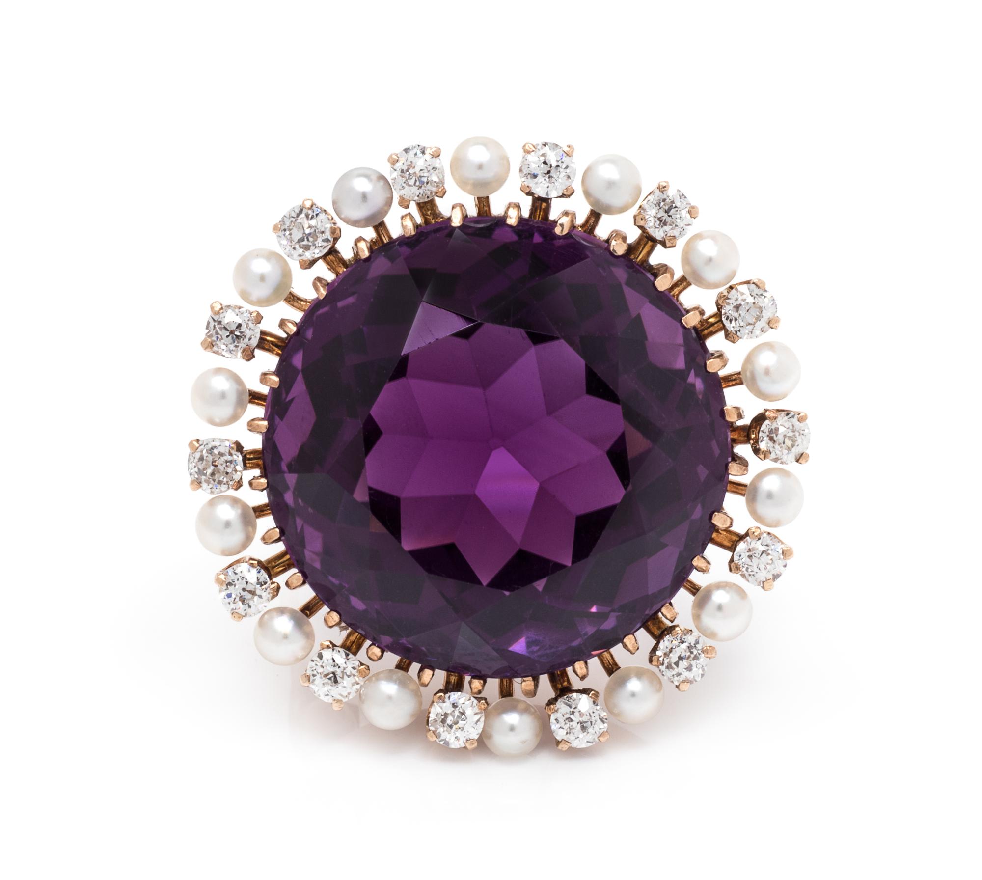 A Yellow Gold, Amethyst, Diamond and Seed Pearl Brooch,