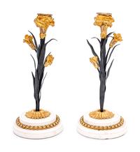 A Pair of French Tôle, Gilt Metal and Marble Candlesticks