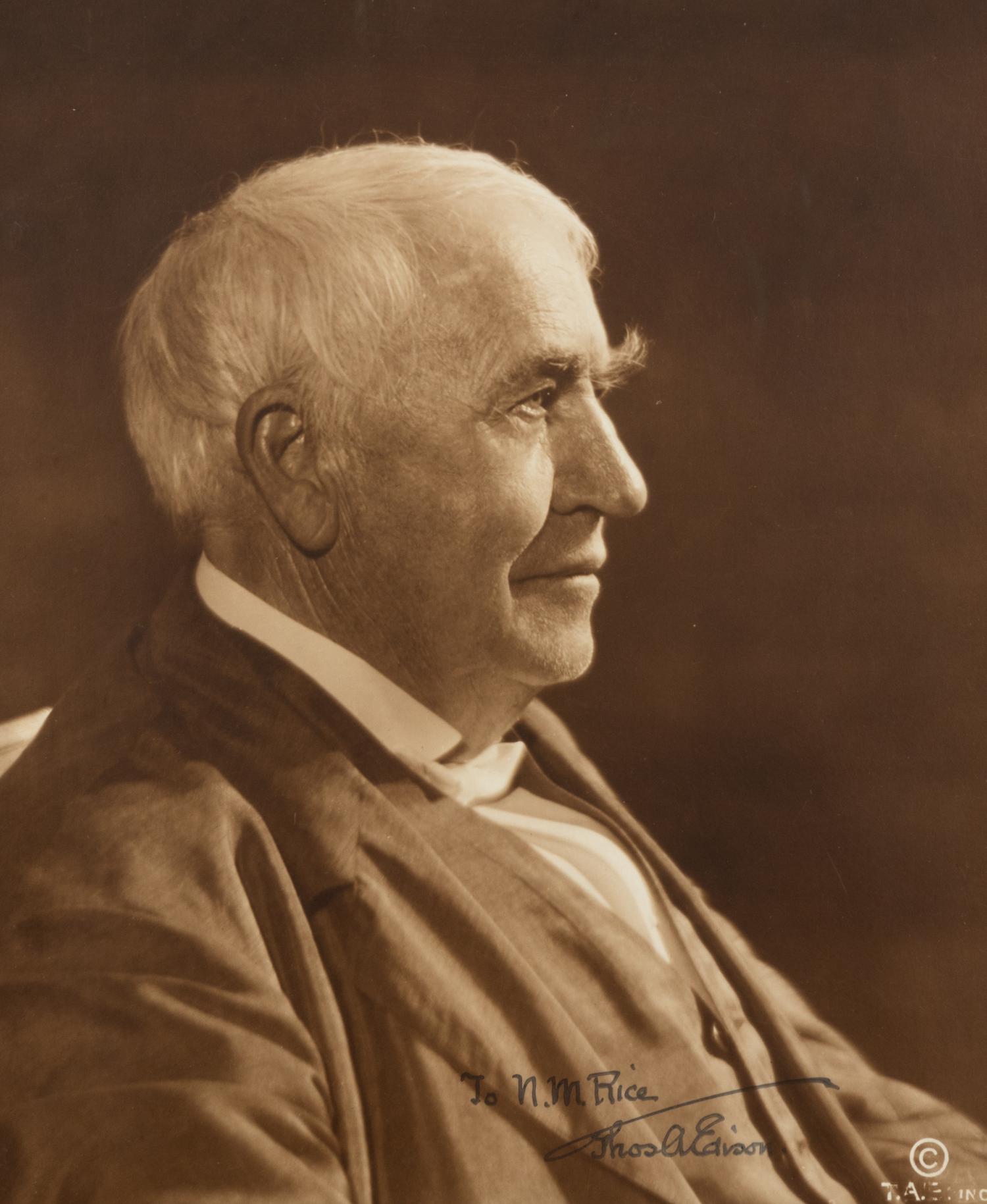 EDISON, Thomas A. (1847-1931). Black and white photographic portrait, signed (“Thos A Edison”) and additionally inscribed to N.M. Rice, n.d.