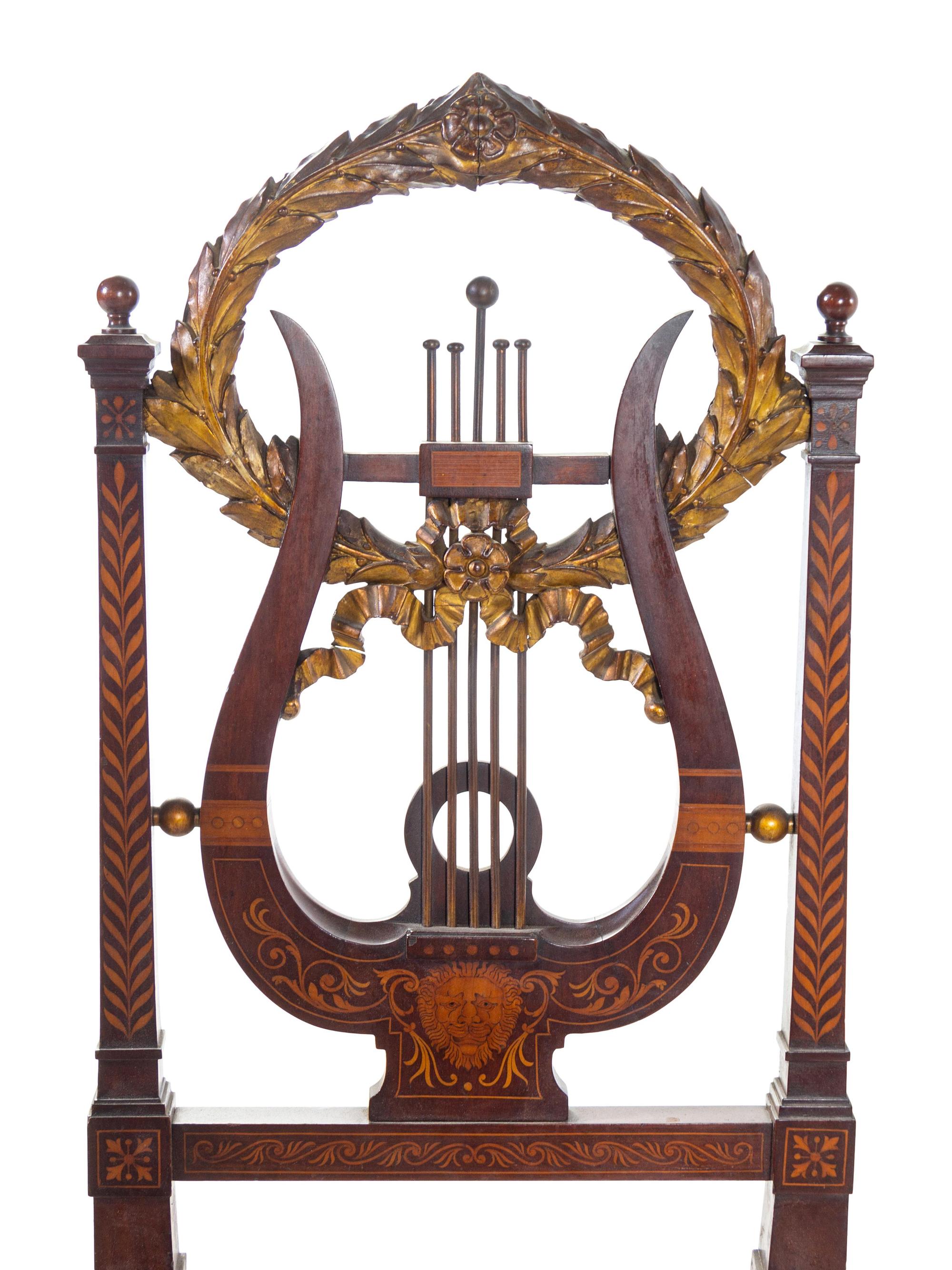A Continental Parcel Gilt and Marquetry Lyre-Back Side Chair