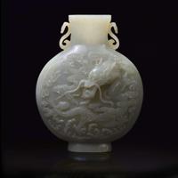 A Chinese carved celadon-grey jade "Dragon and Phoenix" moon-flask vase 青白玉龙凤纹抱月瓶